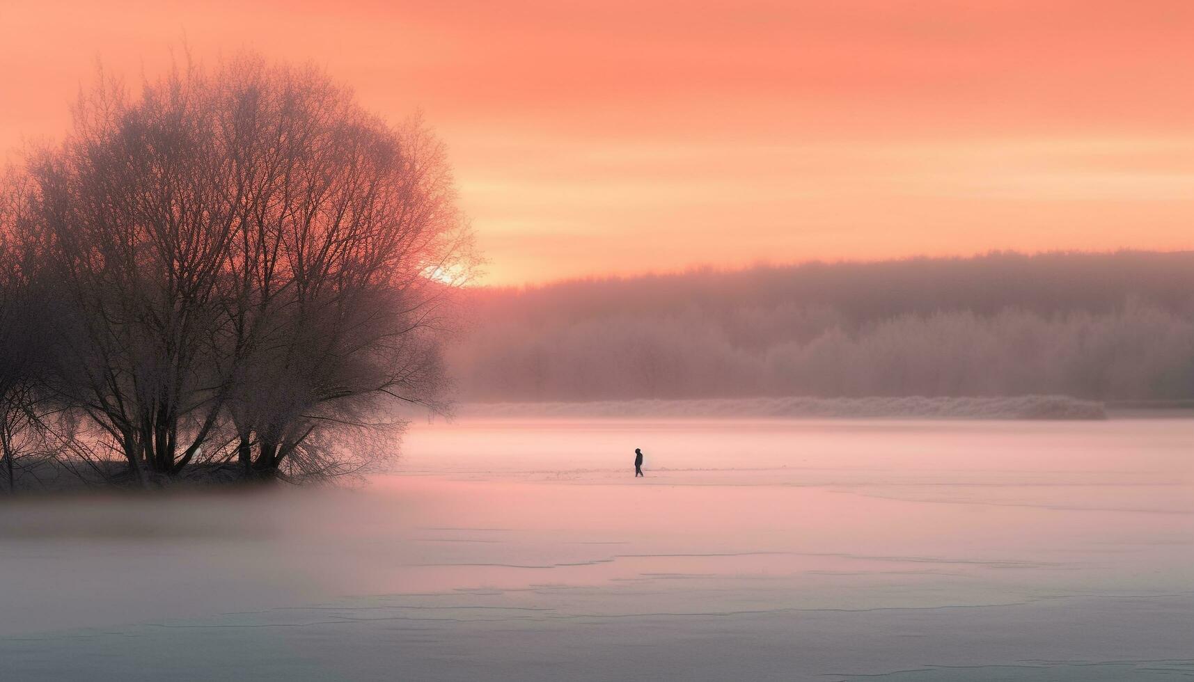 silhuett av fiskare i lugn solnedgång reflexion genererad förbi ai foto