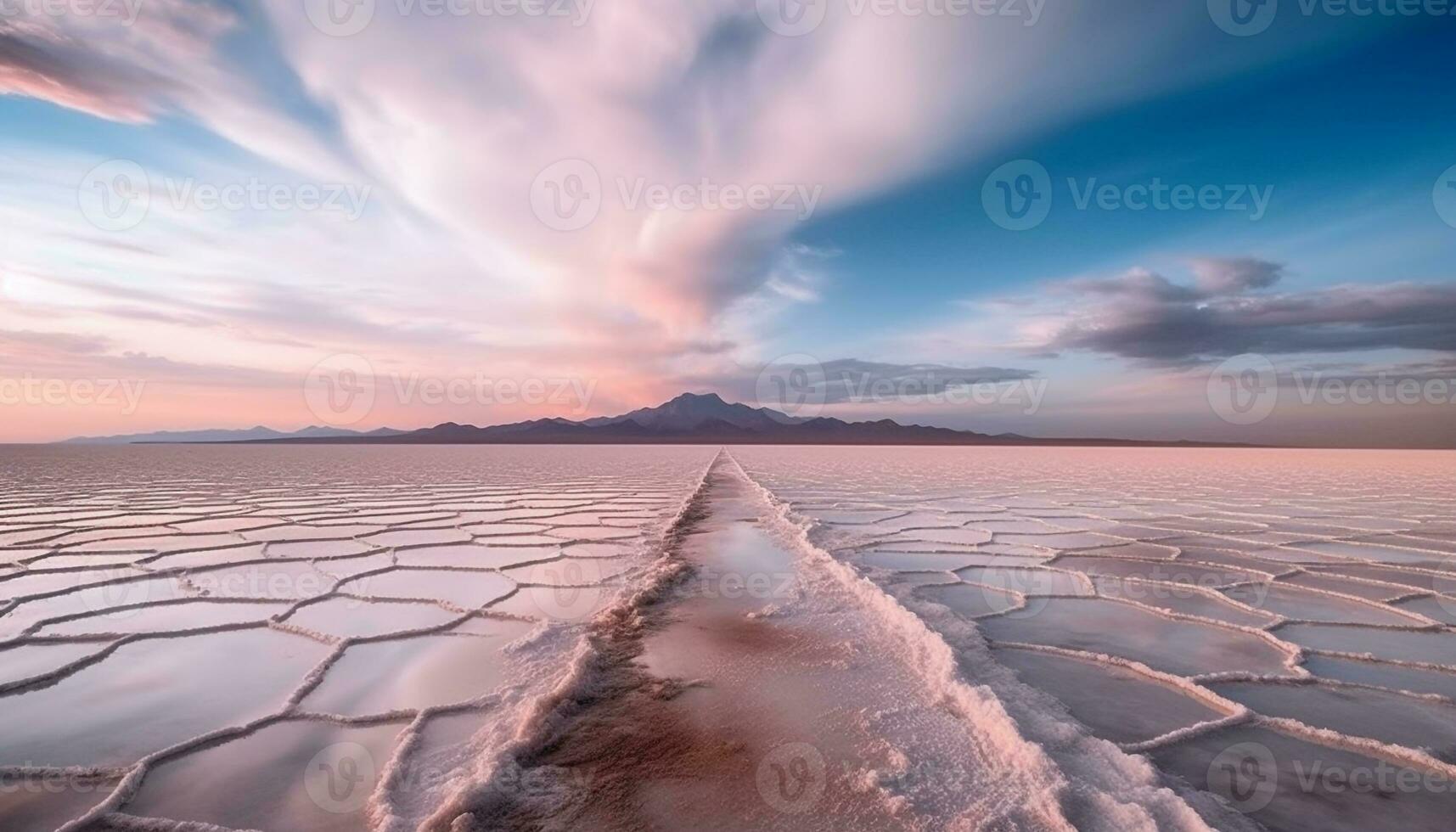 lugn solnedgång över majestätisk salt sjö horisont genererad förbi ai foto