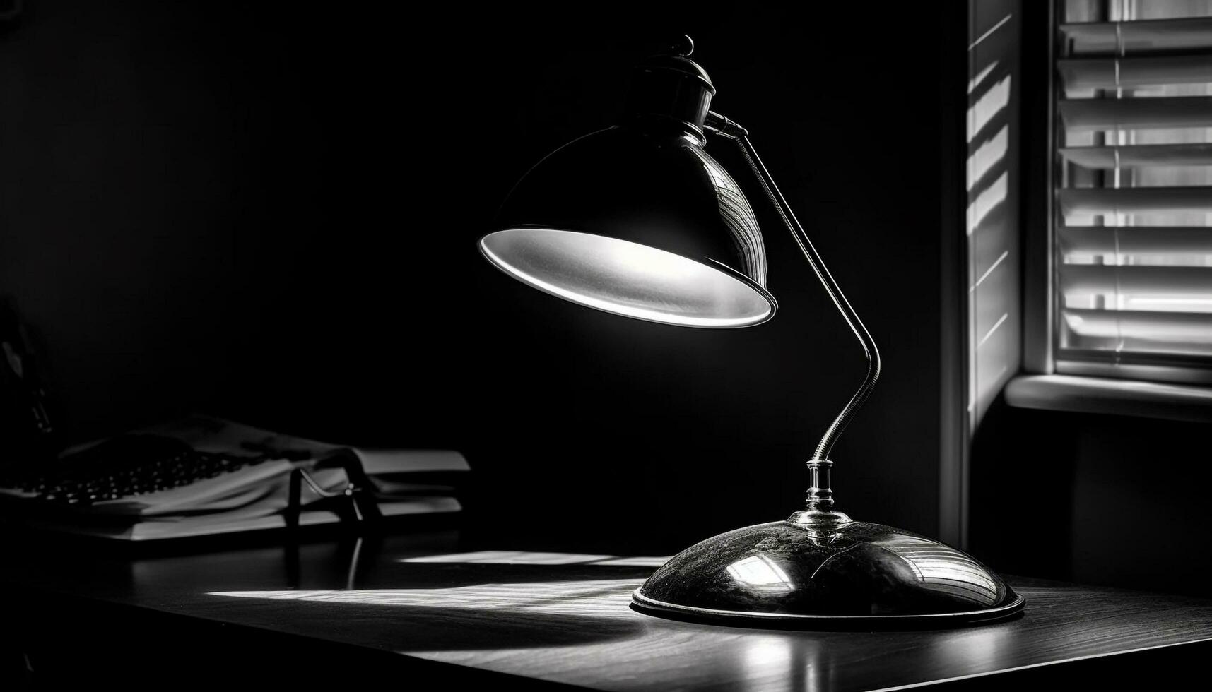 modern skrivbord lampa tänds svart och vit kontor genererad förbi ai foto