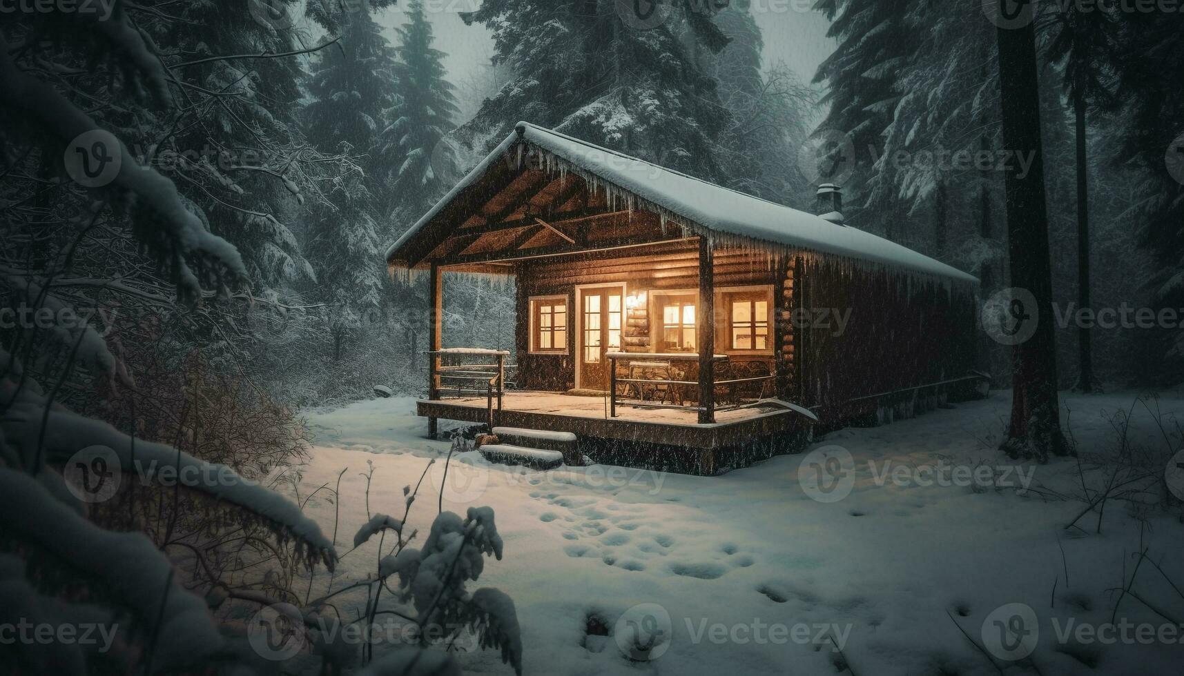 upplyst stuga i snöig skog på natt genererad förbi ai foto