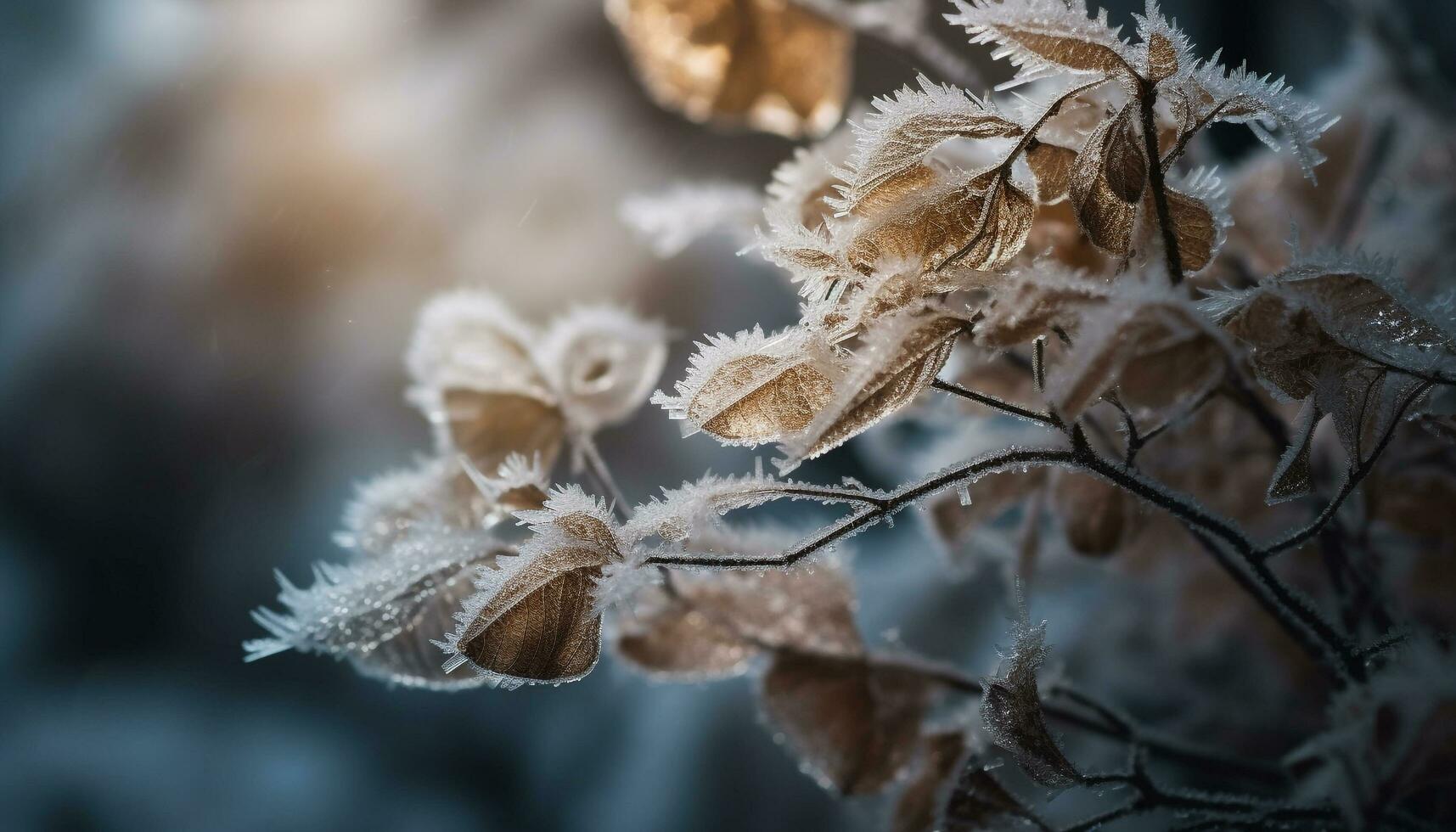 frostig blad på frysta gren i vinter- genererad förbi ai foto