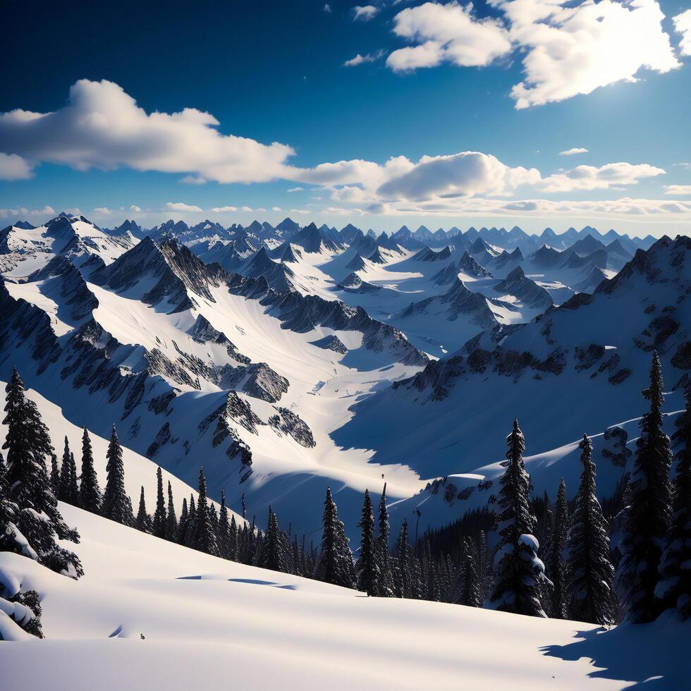 skön vinter- landskap med snö täckt bergen och blå himmel. generativ ai foto