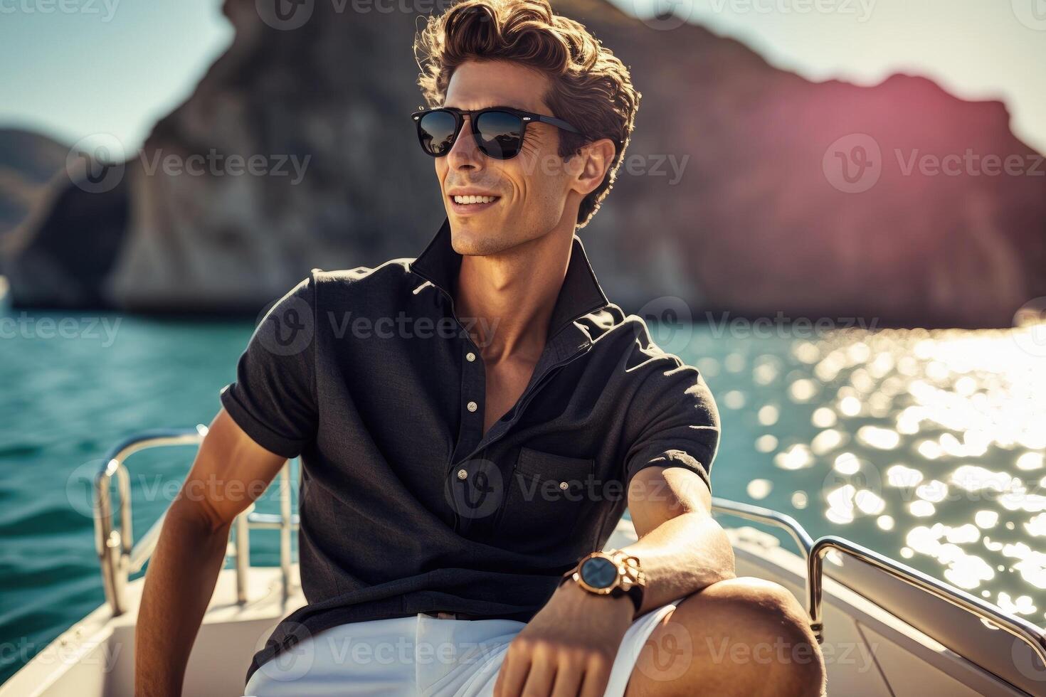 ung man på en Yacht i en skön medelhavs hav ai genererad foto