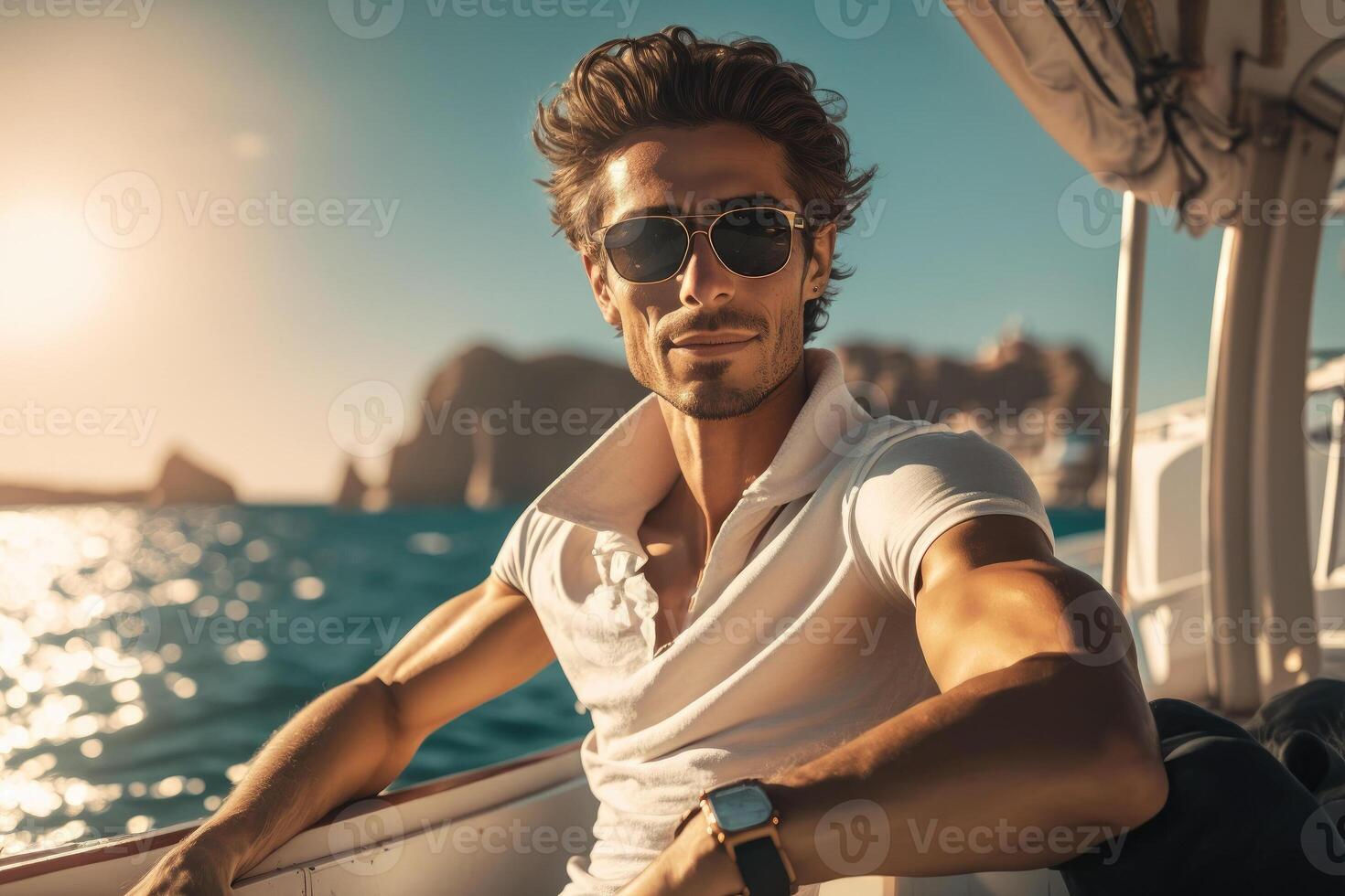 stilig man på hans Yacht leende för de kamera foto