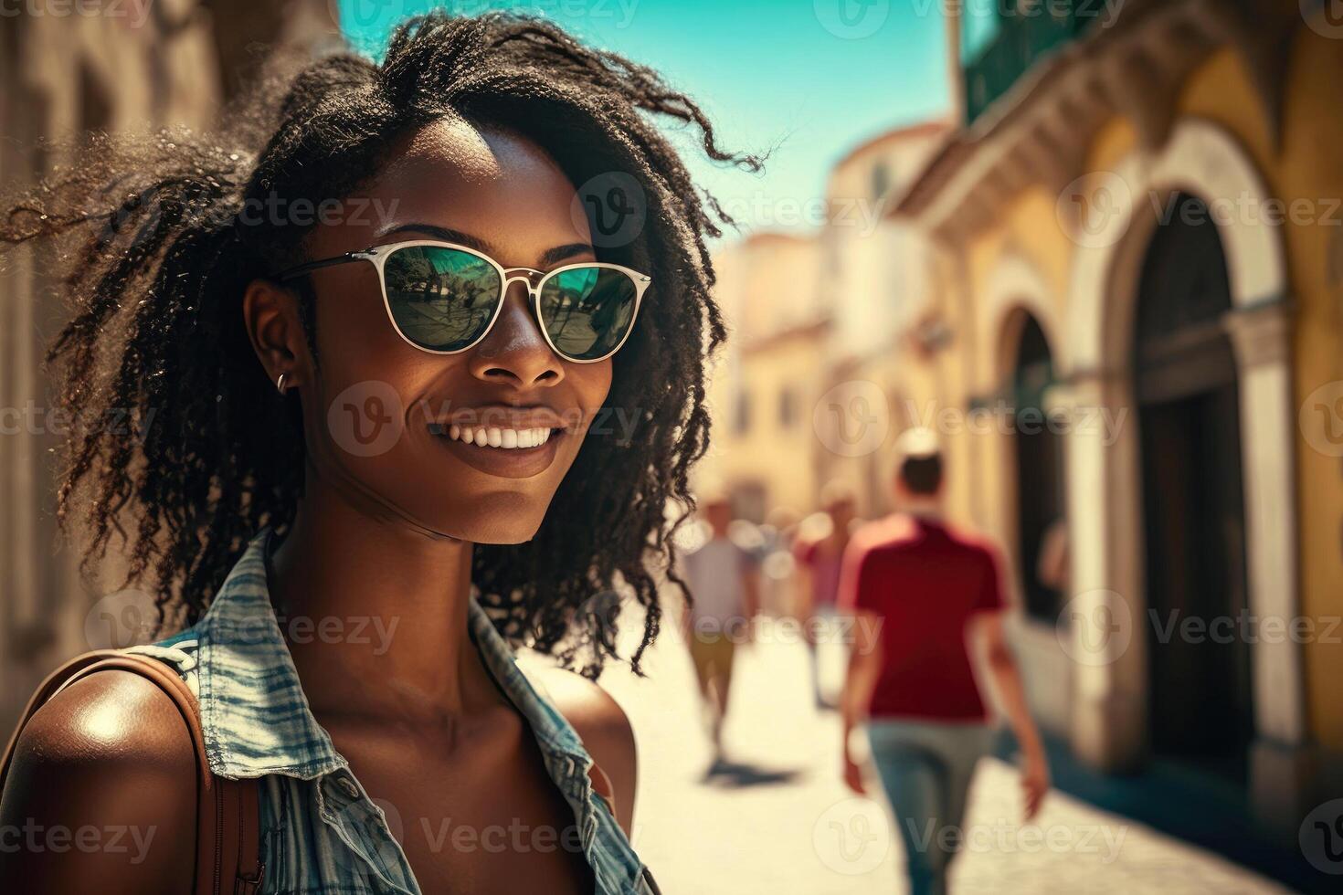 leende på en kvinnas ansikte medan på Semester i solig Europa ai genererad foto