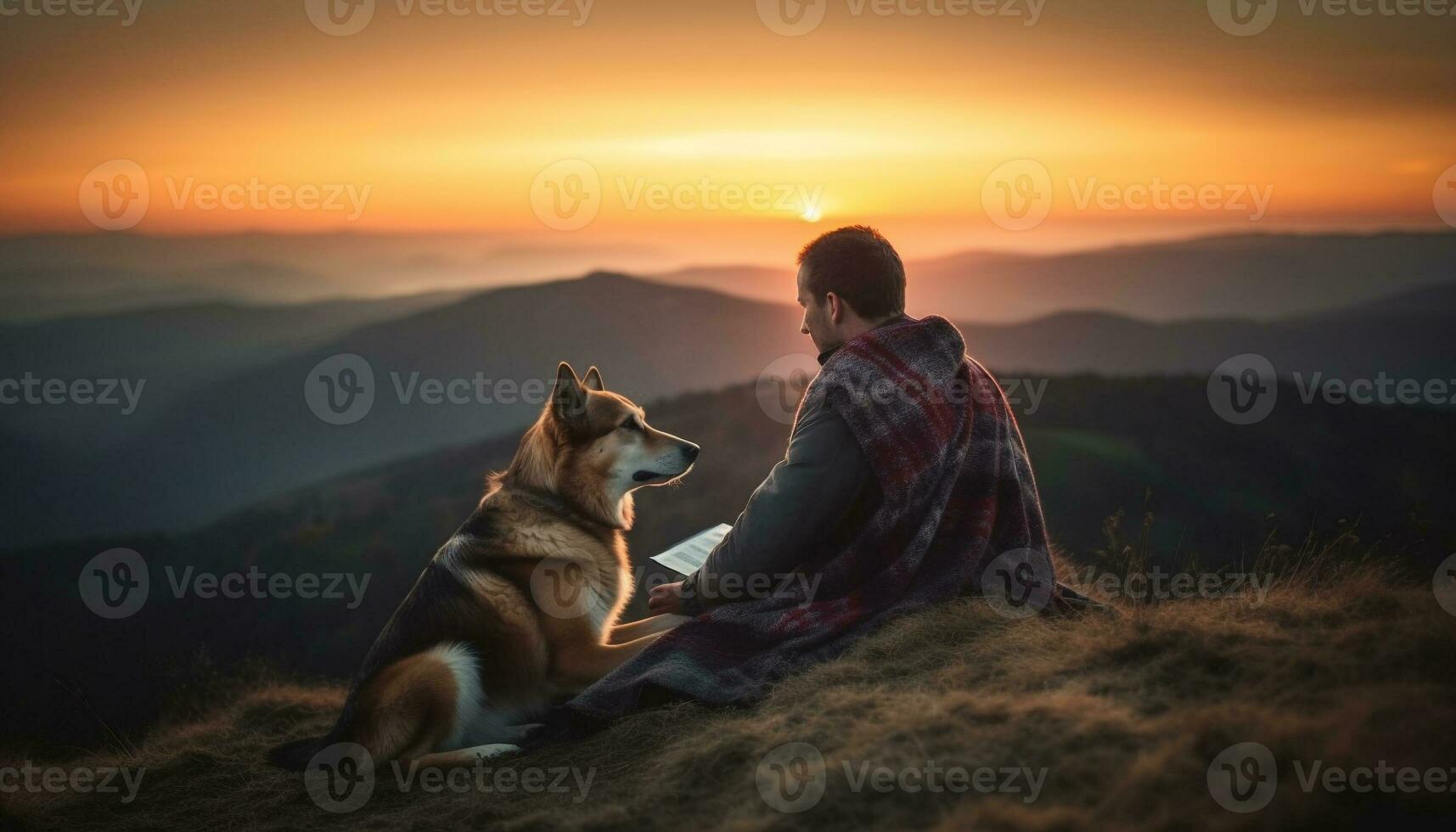 män och hund omfamning i natur skönhet genererad förbi ai foto