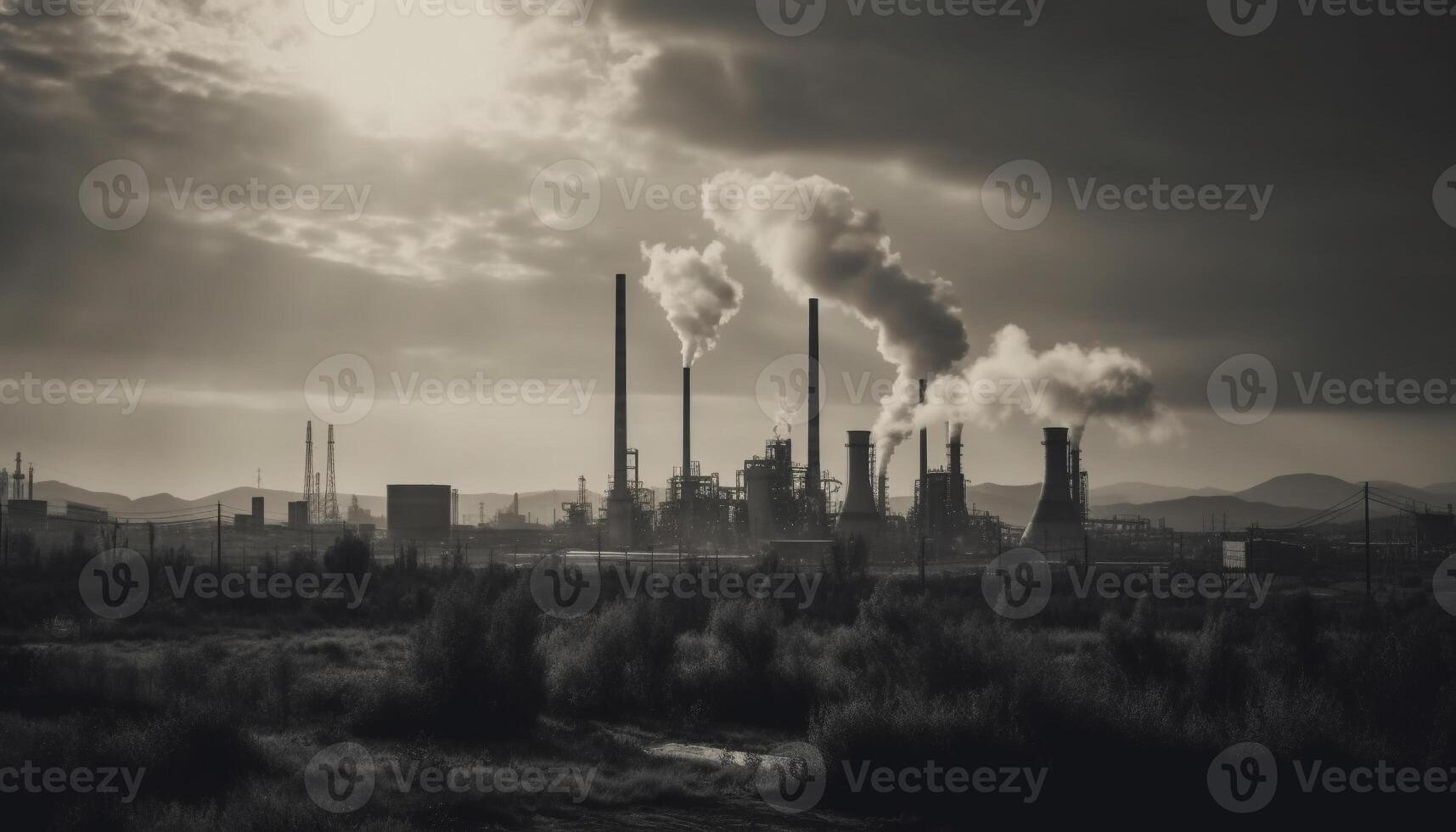 fabriksskorsten silhuett förorenar himmel i tillverkning industri genererad förbi ai foto