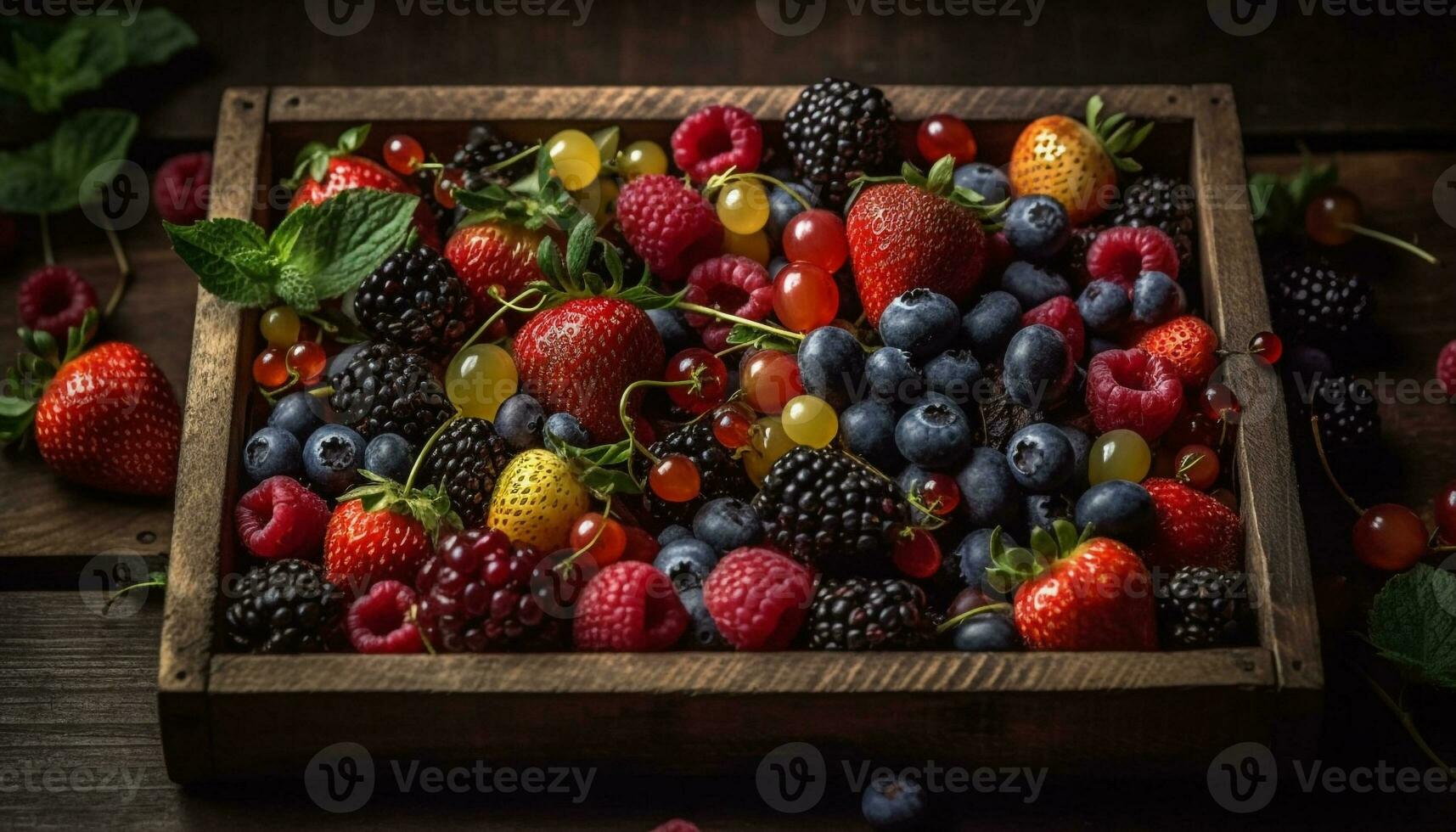 en rustik skål av saftig, mång färgad bär frukt överflöd genererad förbi ai foto