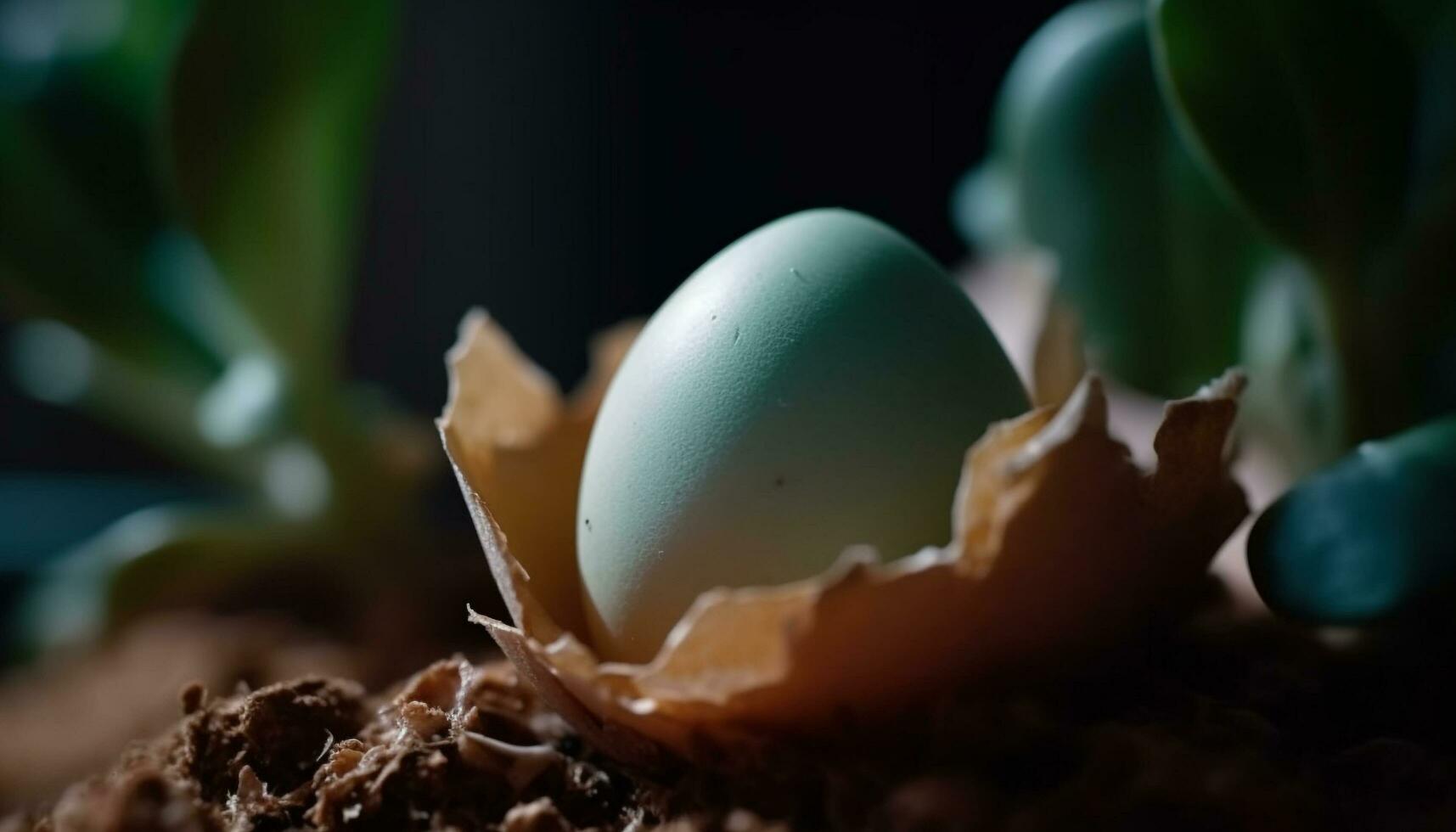 ny liv framträder från ömtålig organisk ägg på grön blad genererad förbi ai foto
