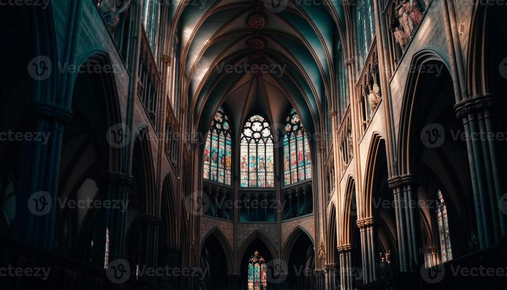 inuti de gotik stil basilika, färgade glas tänds de majestätisk altare genererad förbi ai foto