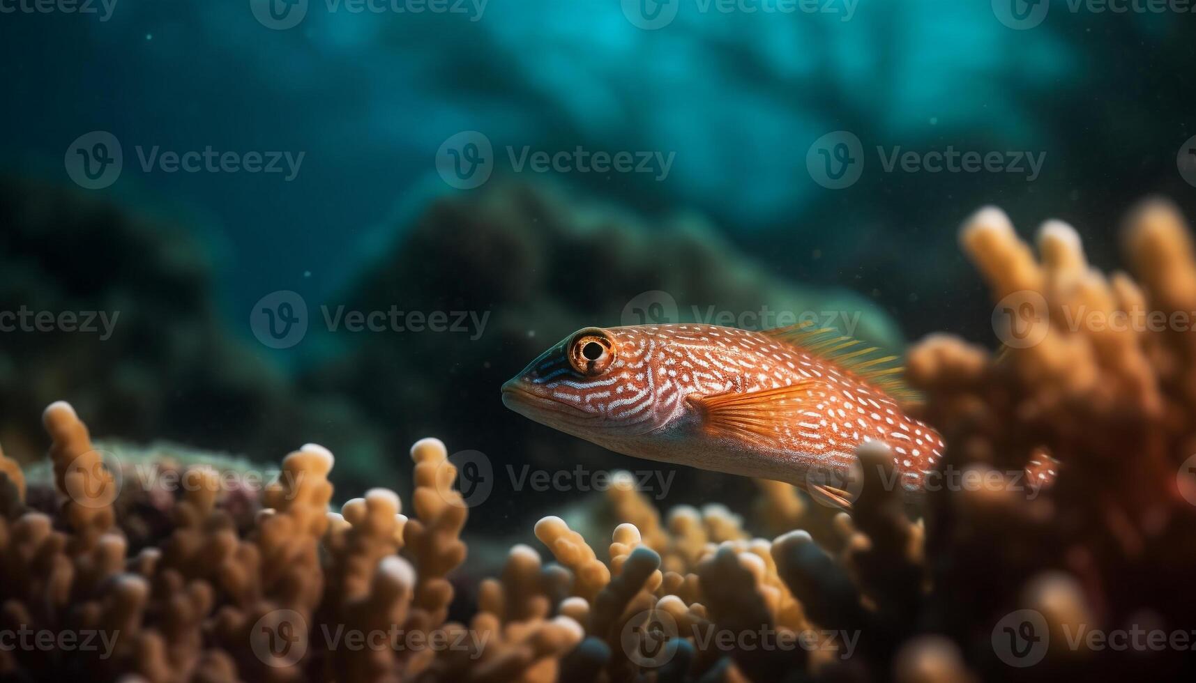 gul randig fisk simmar bland mång färgad korall i lugn rev genererad förbi ai foto