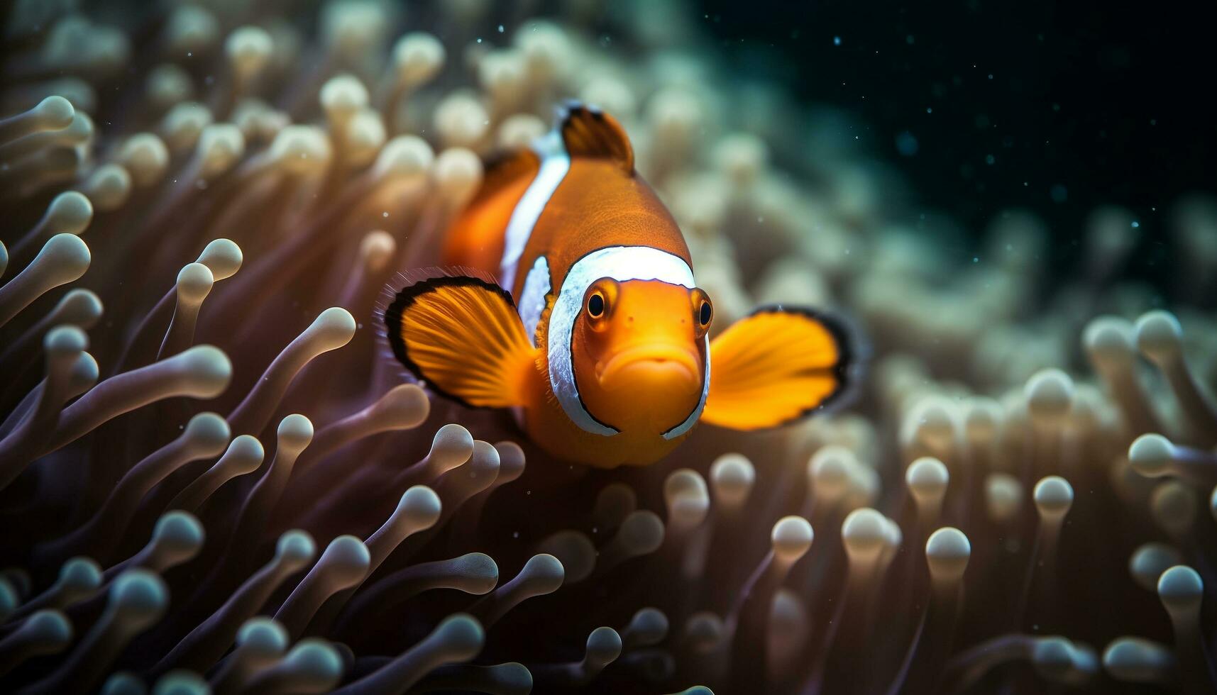 färgrik clown fisk simma i vibrerande korall rev, under vattnet äventyr genererad förbi ai foto
