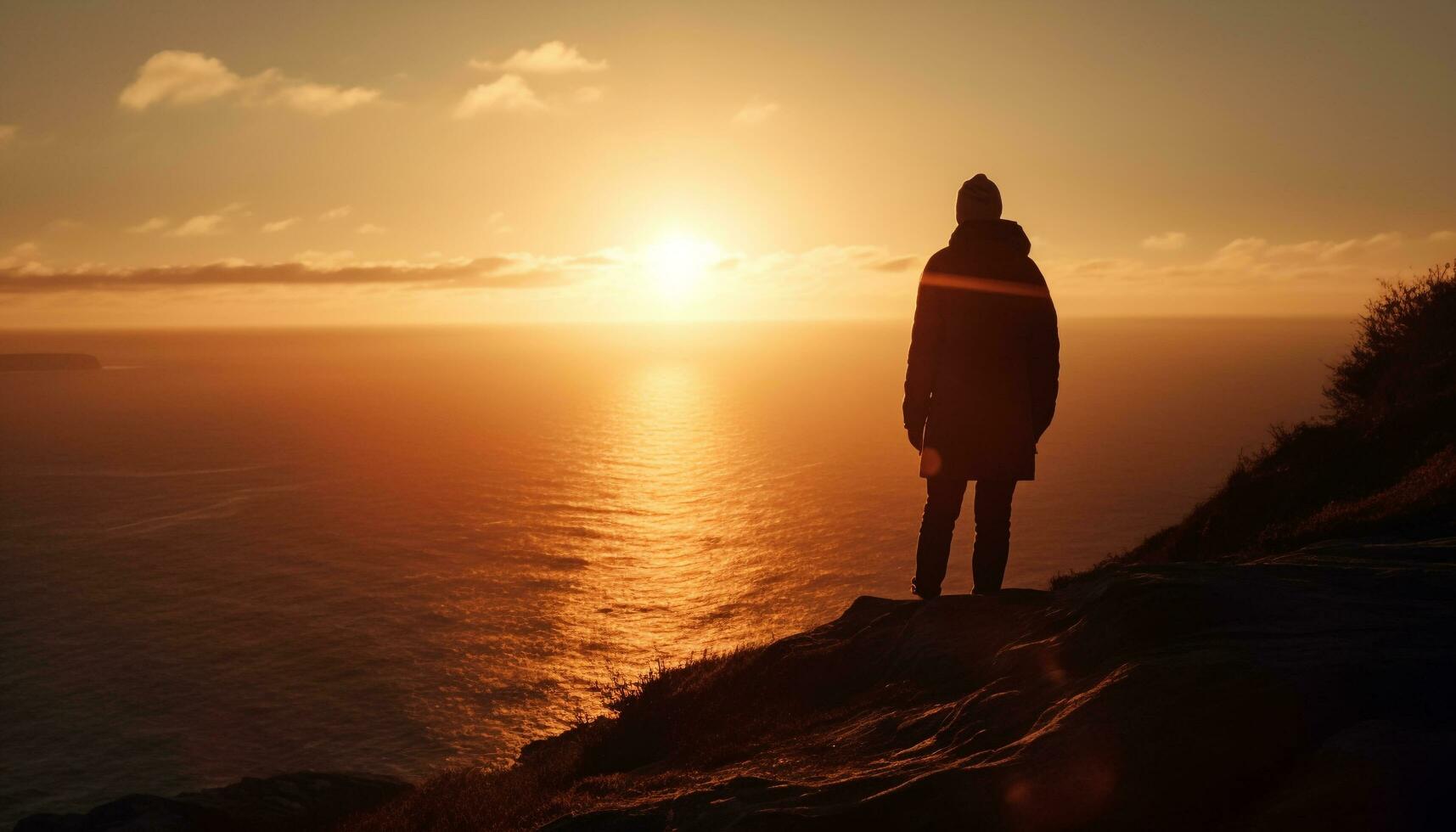 ett person stående, tillbaka belyst, beundrande lugn solnedgång se genererad förbi ai foto