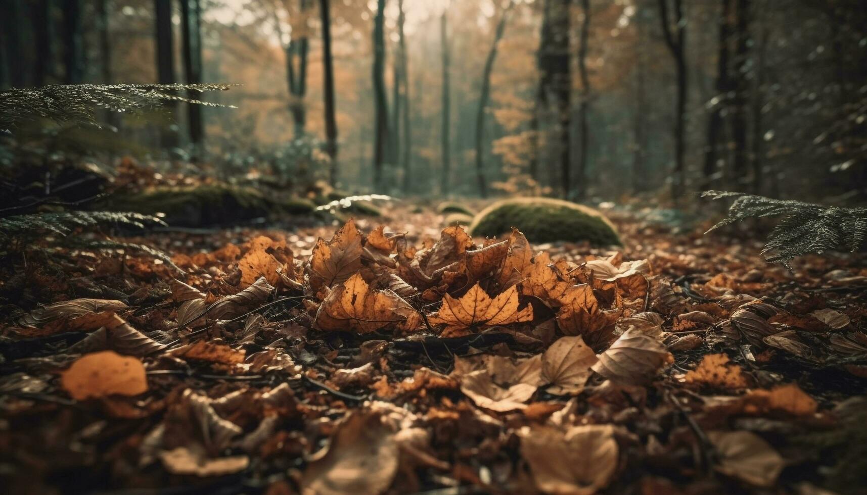 höst skog i lågor med vibrerande färger, lugn scen i november genererad förbi ai foto