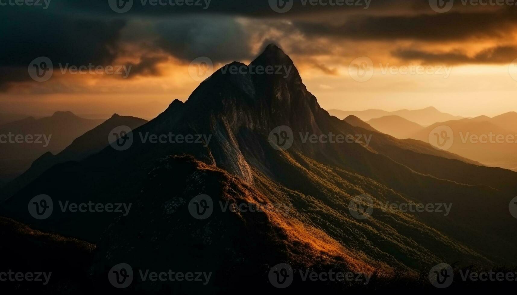 majestätisk berg topp på skymning, en panorama- skönhet i natur genererad förbi ai foto