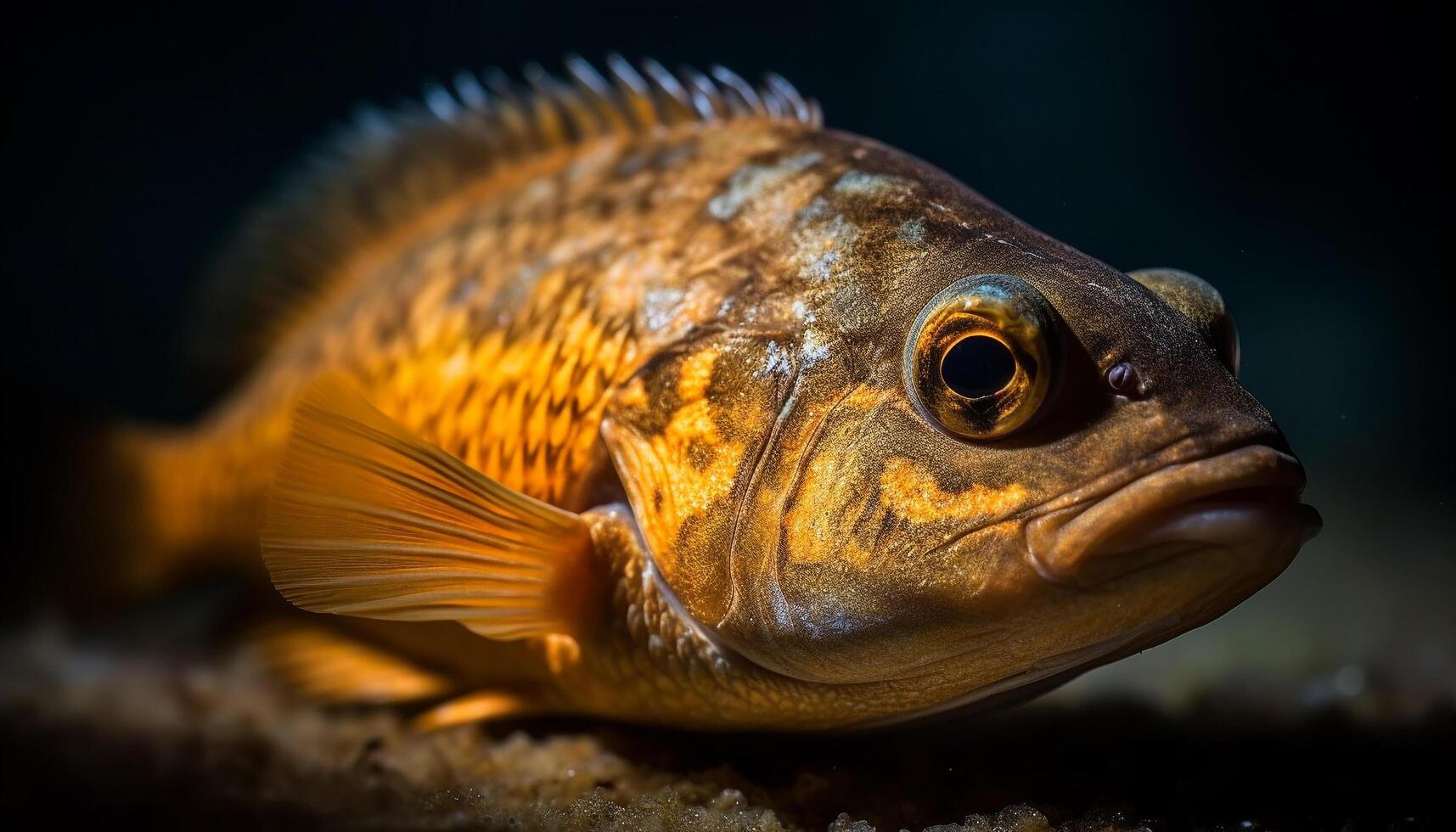 de gul grupperare öga, en makro porträtt av under vattnet skönhet genererad förbi ai foto