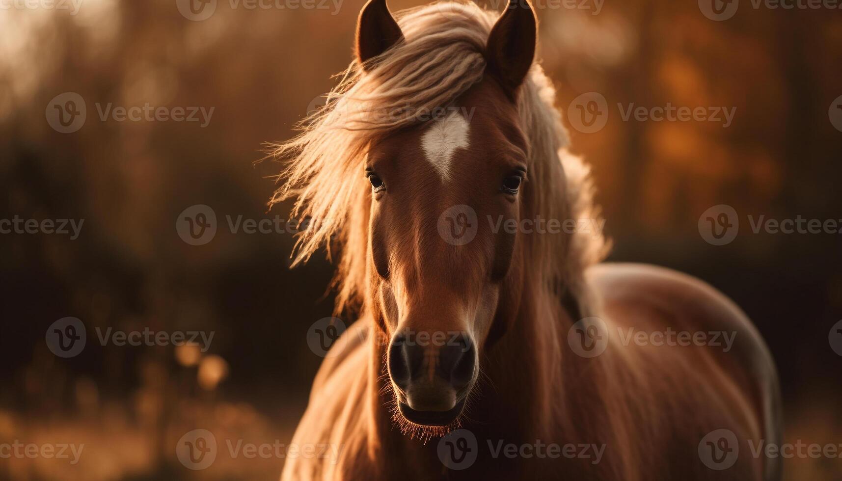 fullblod hingst betar i äng på solnedgång, orörlig porträtt genererad förbi ai foto