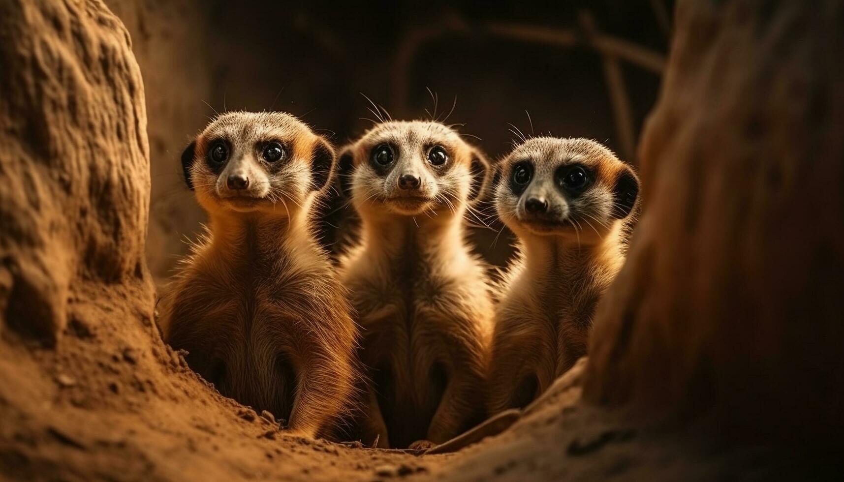 små grupp av söt meerkats stående i en rad, varna genererad förbi ai foto