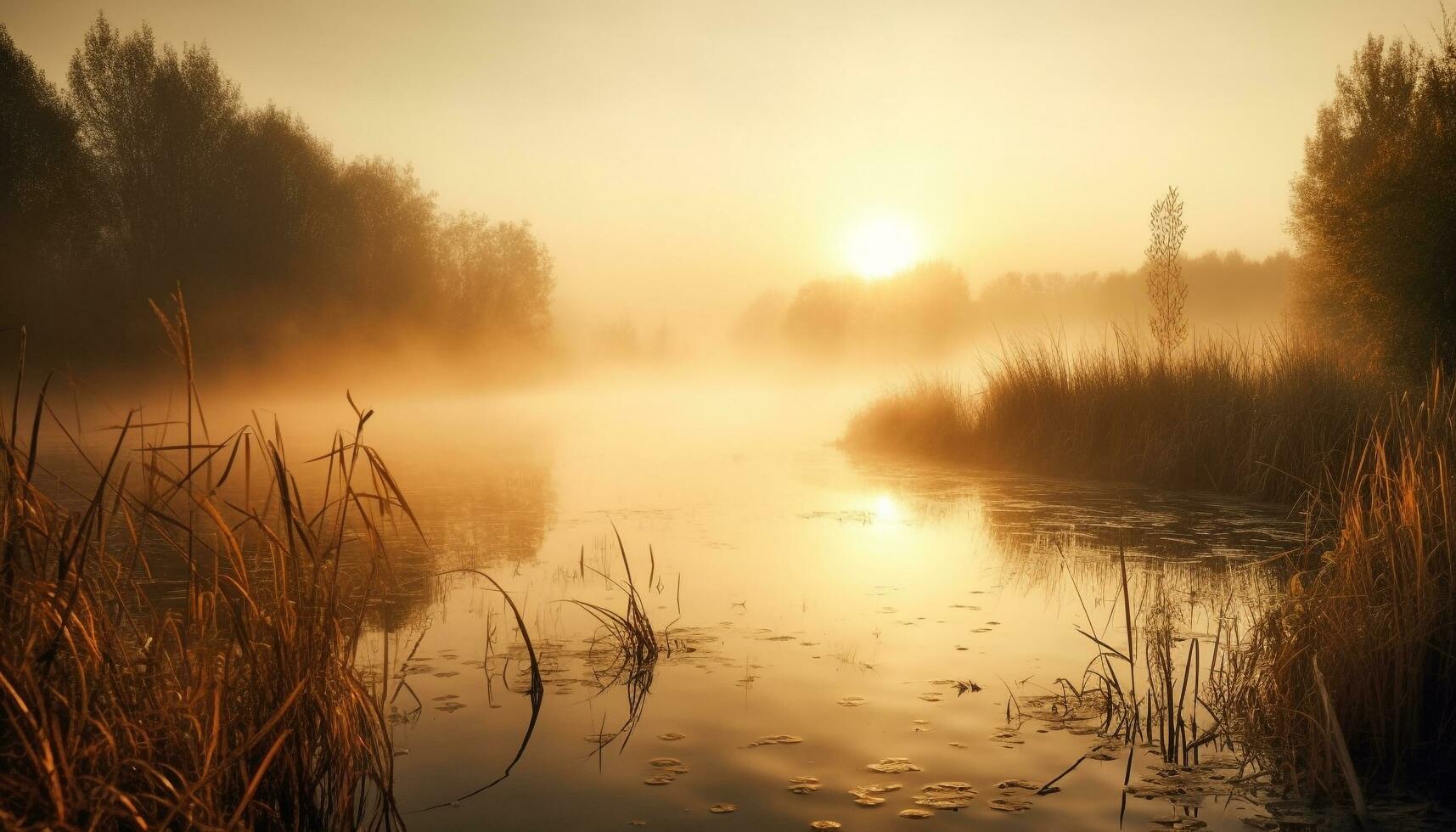 en lugn scen på skymning, de Sol reflexion på vatten genererad förbi ai foto