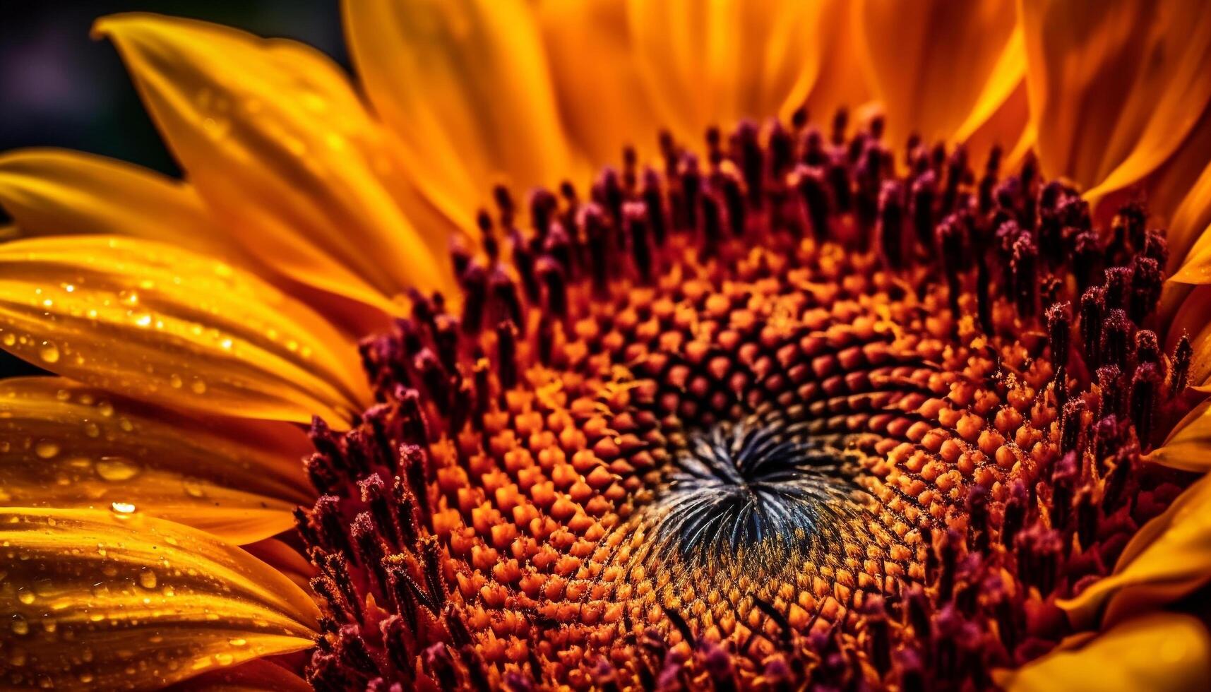 vibrerande solros kronblad, dagg släppa, natur skönhet i stänga upp genererad förbi ai foto