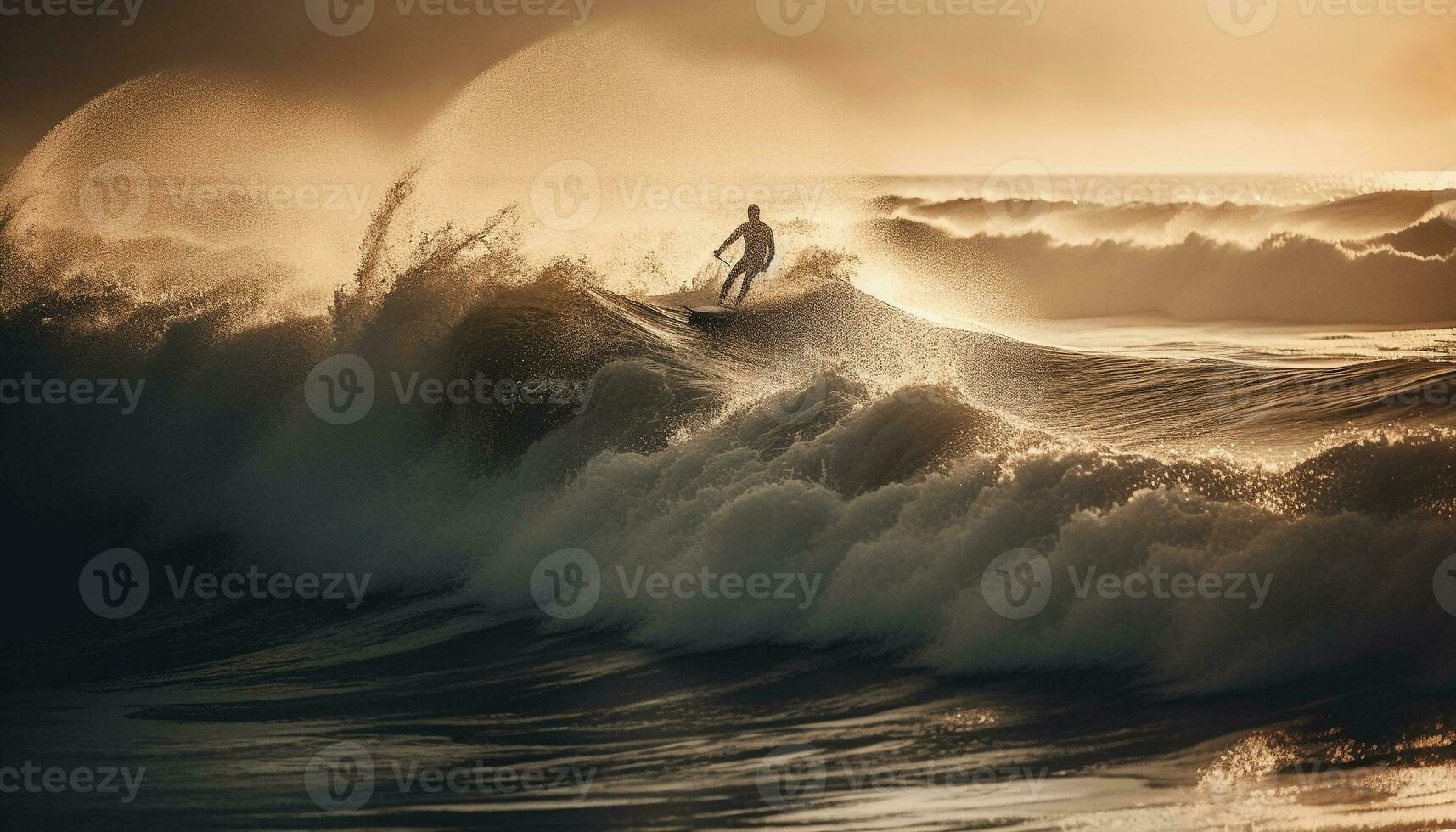 surfing på solnedgång, ett idrottare balanserar på våt tidvatten genererad förbi ai foto