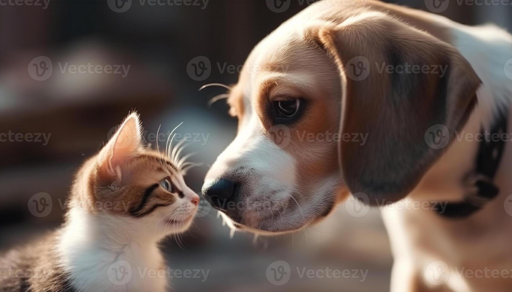 charmig beagle och öm kattunge spela tillsammans utomhus i natur genererad förbi ai foto