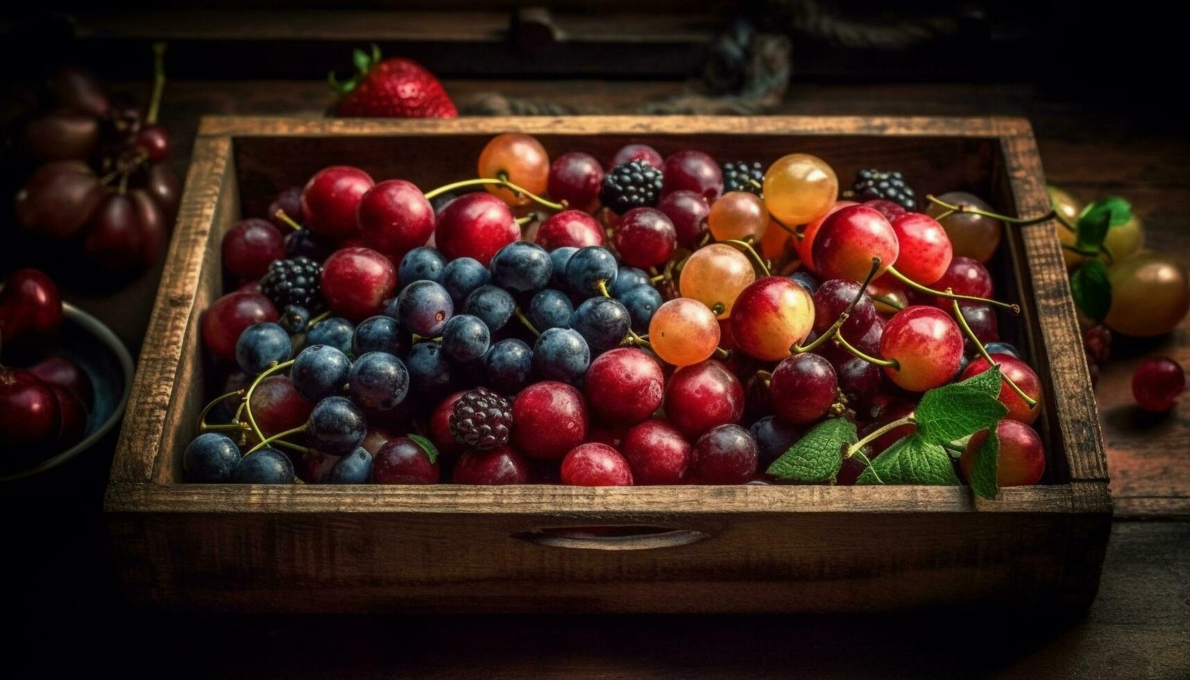 färsk organisk bär frukt i rustik trä- spjällåda, perfekt mellanmål genererad förbi ai foto