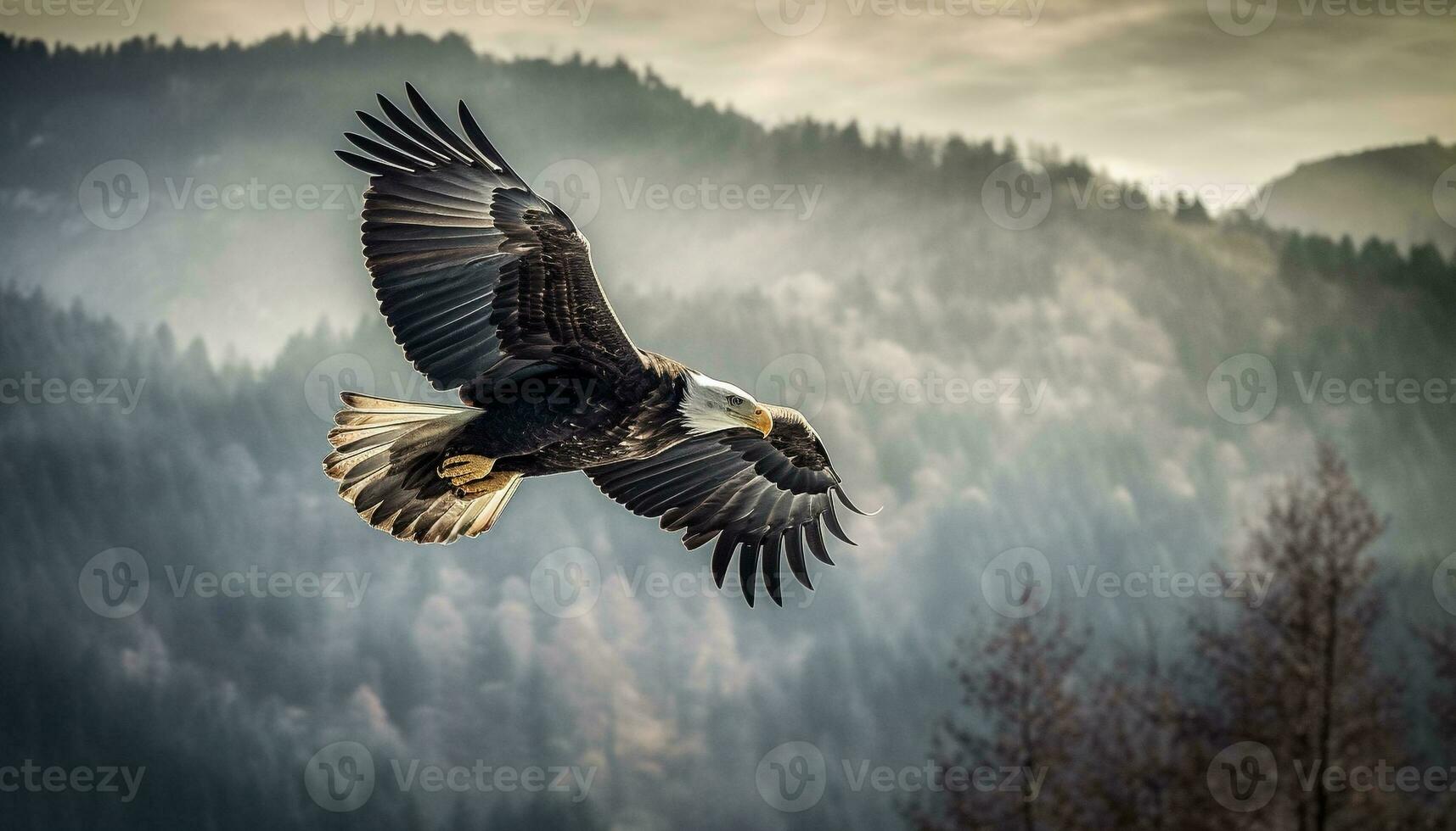de majestätisk skallig Örn sprider sig dess vingar i mitten luft frihet genererad förbi ai foto