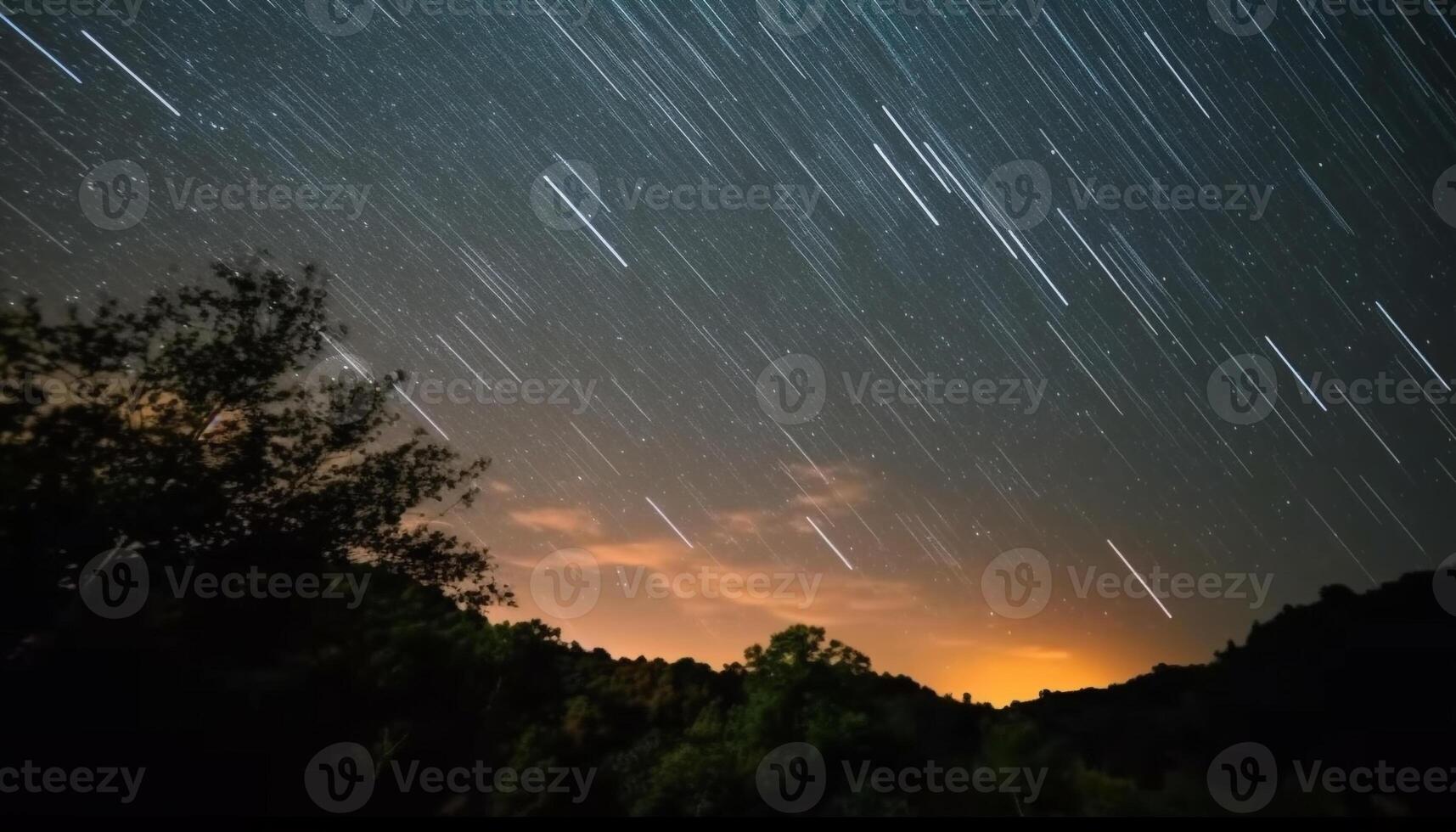 silhuett av träd upplyst förbi stjärna spår i vibrerande himmel genererad förbi ai foto