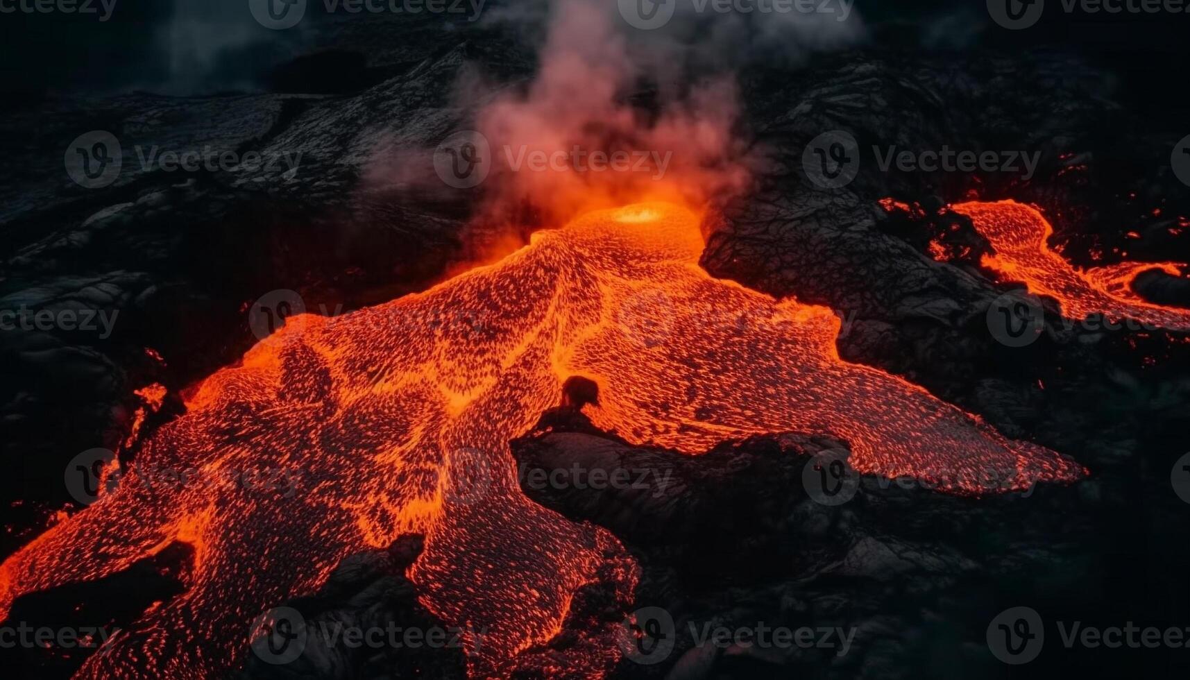 smältande lava flöden i eldig inferno, förorenande naturlig landskap genererad förbi ai foto