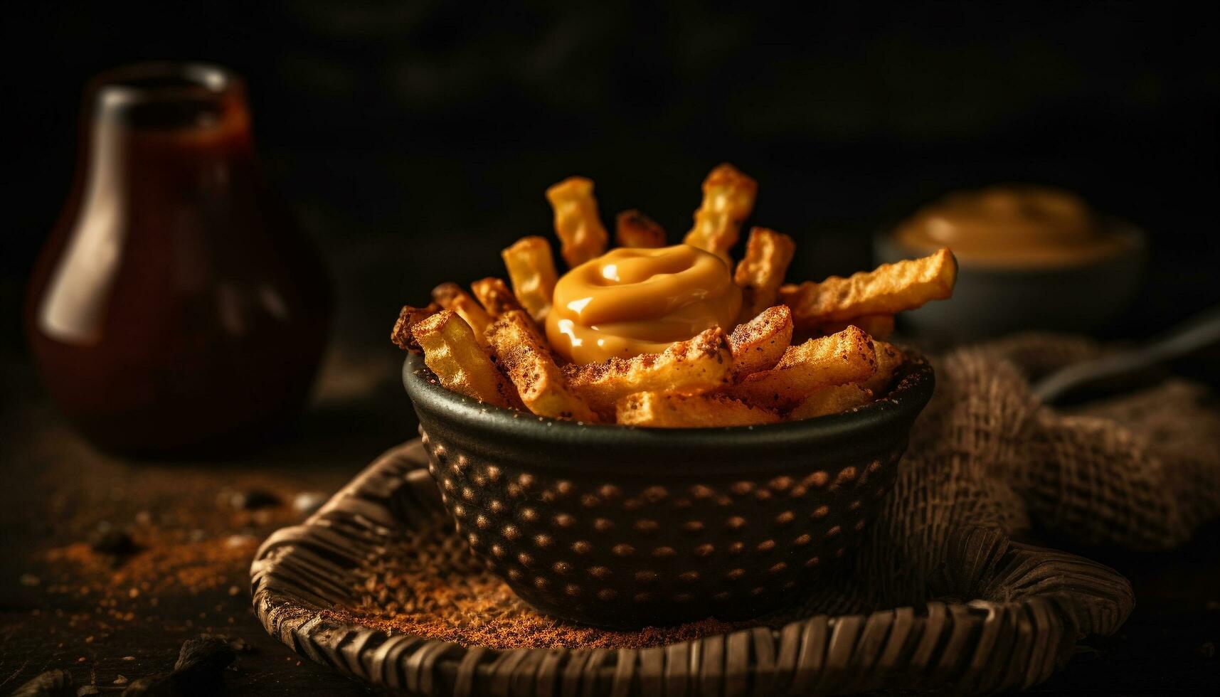 en rustik hemlagad måltid friterad fläsk med knaprig franska frites genererad förbi ai foto