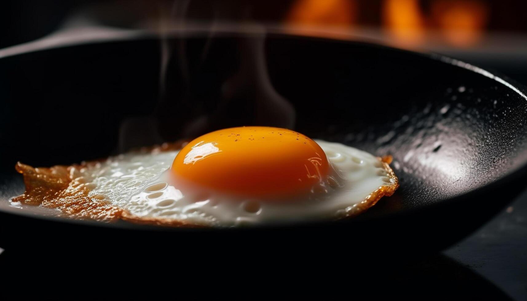 friterad ägg på kasta järn tallrik, hög värme, friska protein genererad förbi ai foto