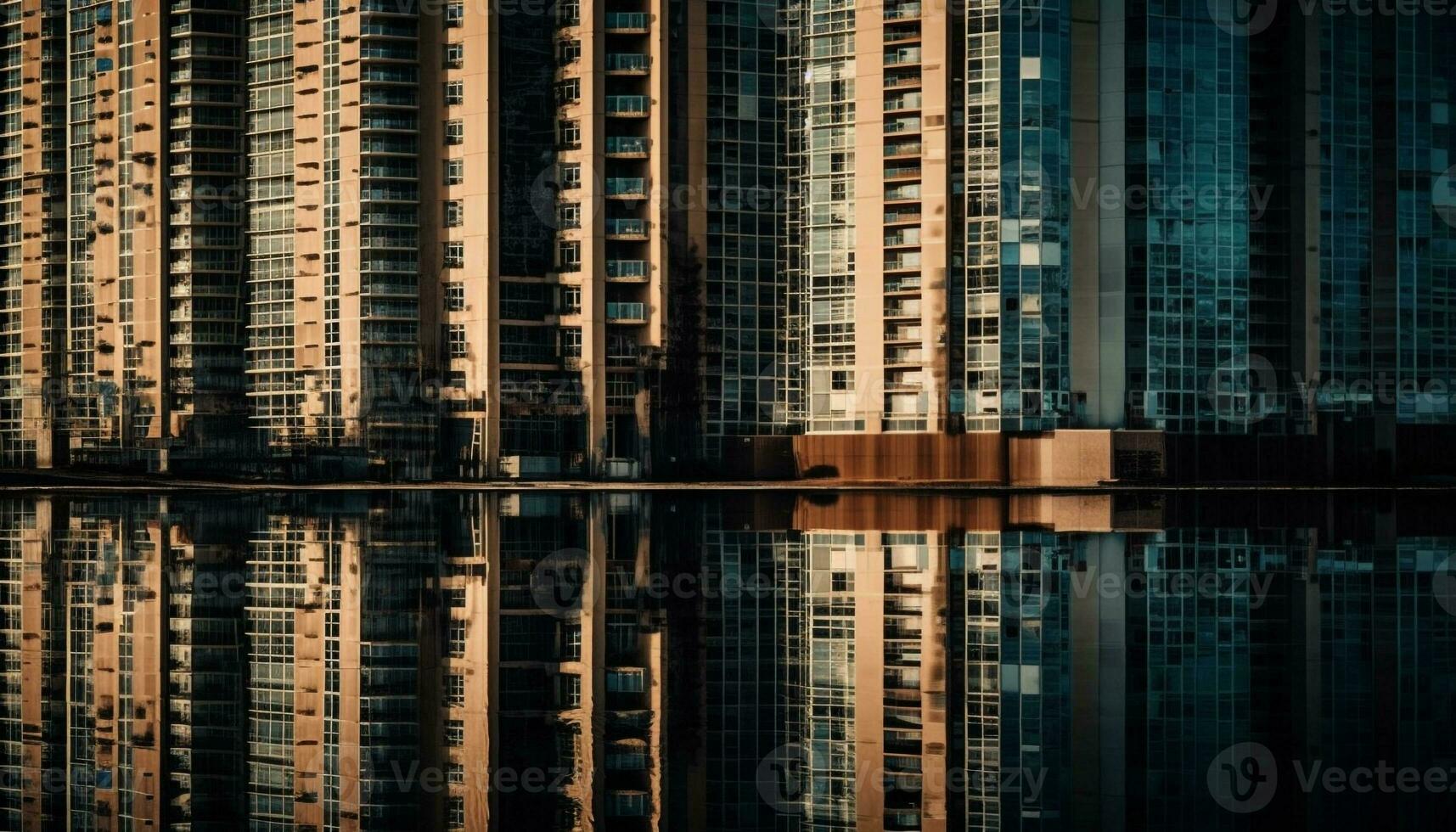 modern skyskrapa speglar stad liv i panorama- vid vatten bakgrund genererad förbi ai foto