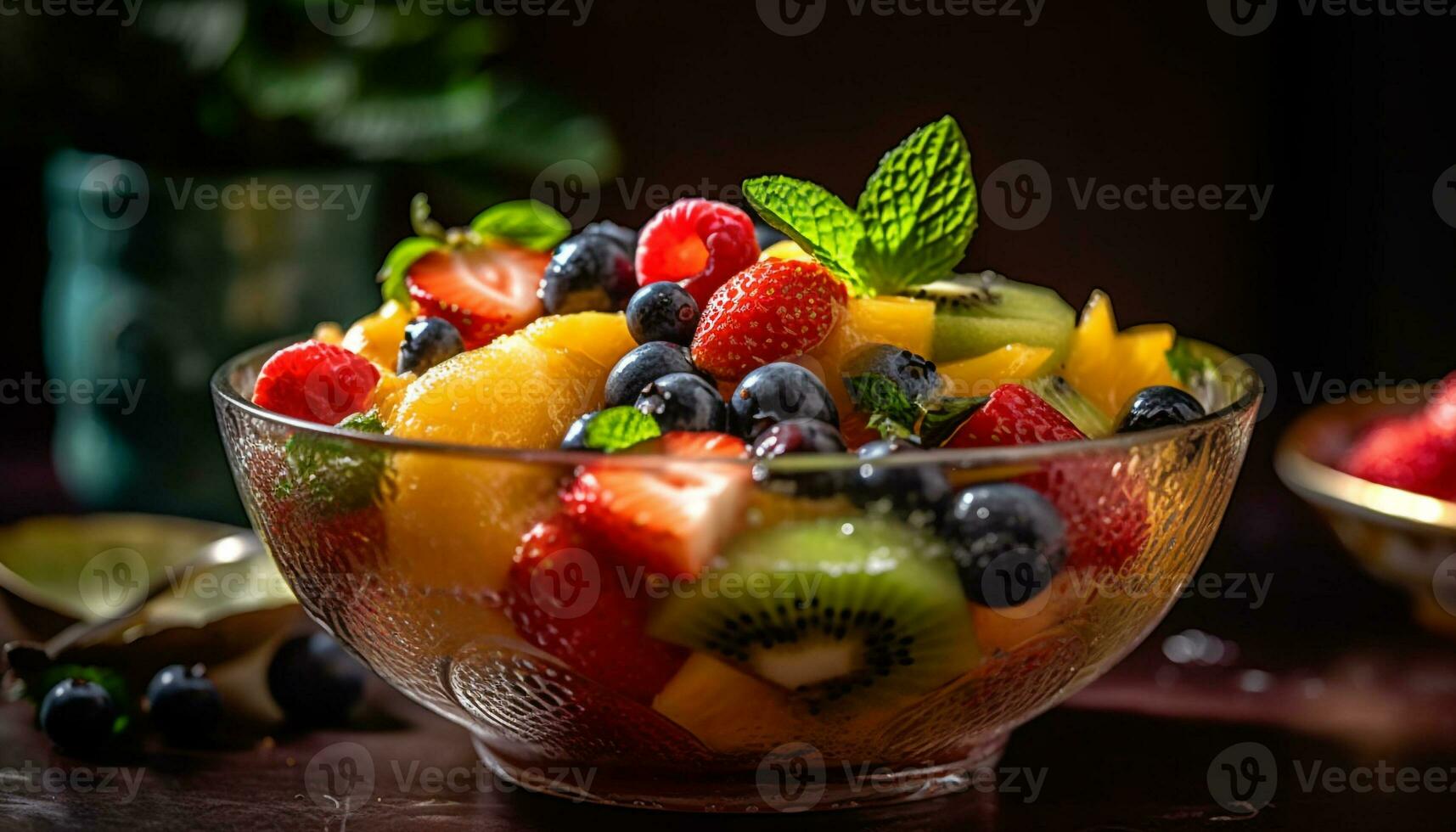 en gourmet frukt sallad med blåbär, hallon, och jordgubbar genererad förbi ai foto