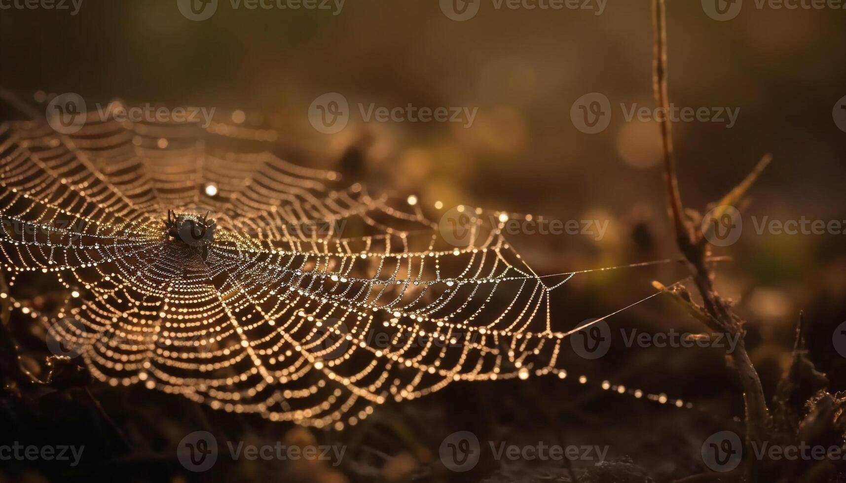 Spindel webb glittrar med dagg i höst skog genererad förbi ai foto