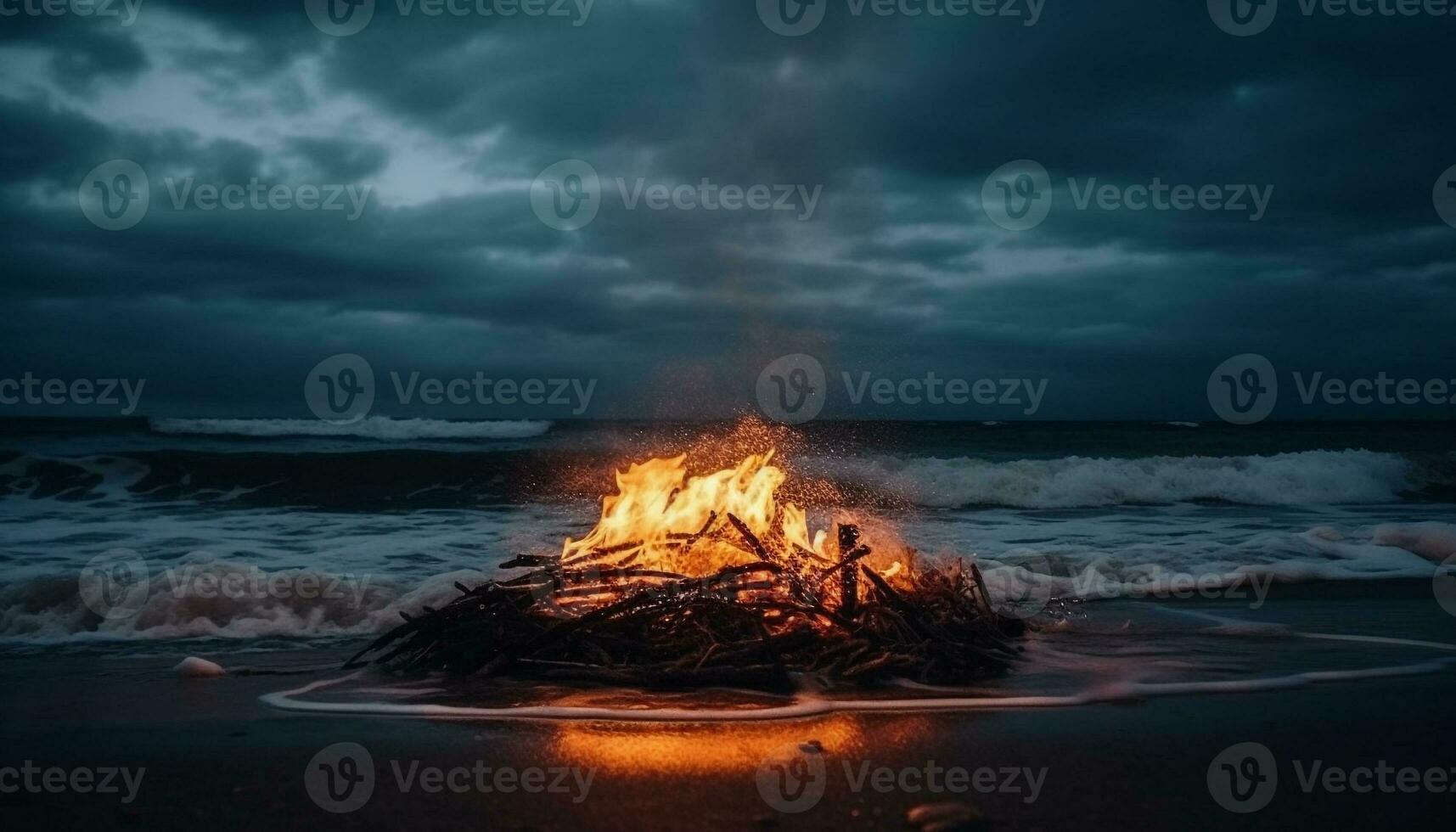 brinnande lägereld på sandig strand på skymning genererad förbi ai foto