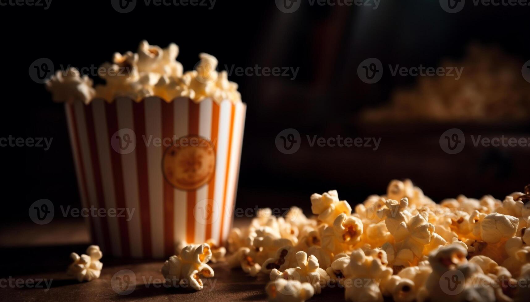 gourmet popcorn i randig hink för film natt genererad förbi ai foto