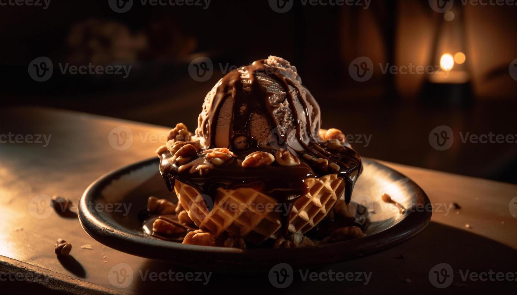 mörk choklad efterrätt på trä- tallrik redo till äta genererad förbi ai foto