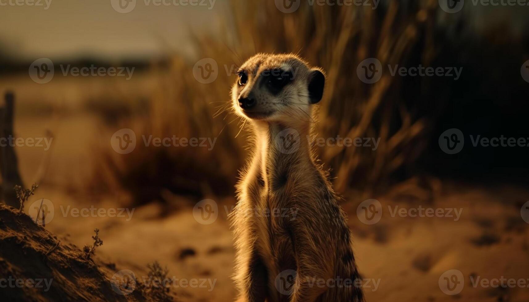 meerkat stående varna, tittar på vilda djur och växter i vildmark genererad förbi ai foto