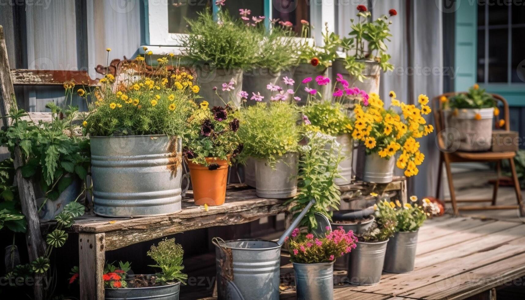 färsk blommor blomma i lera inlagd trädgård genererad förbi ai foto