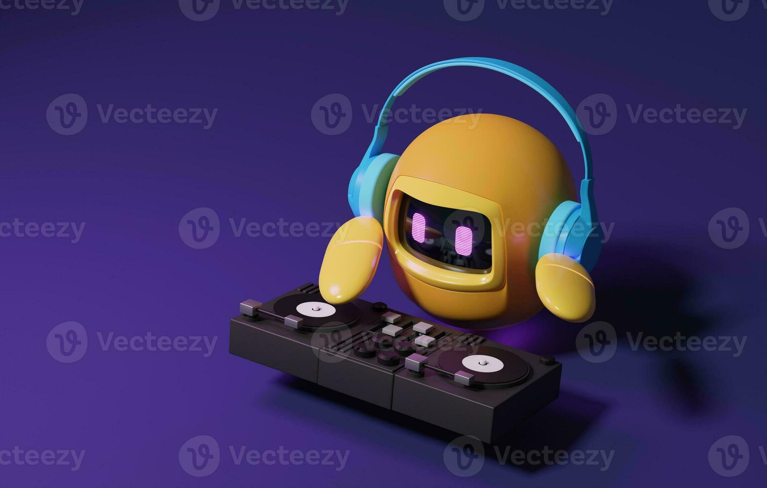 söt robot med hörlurar, musik mixer, spela in spelare på lila bakgrund. . 3d rendering, 3d illustration foto