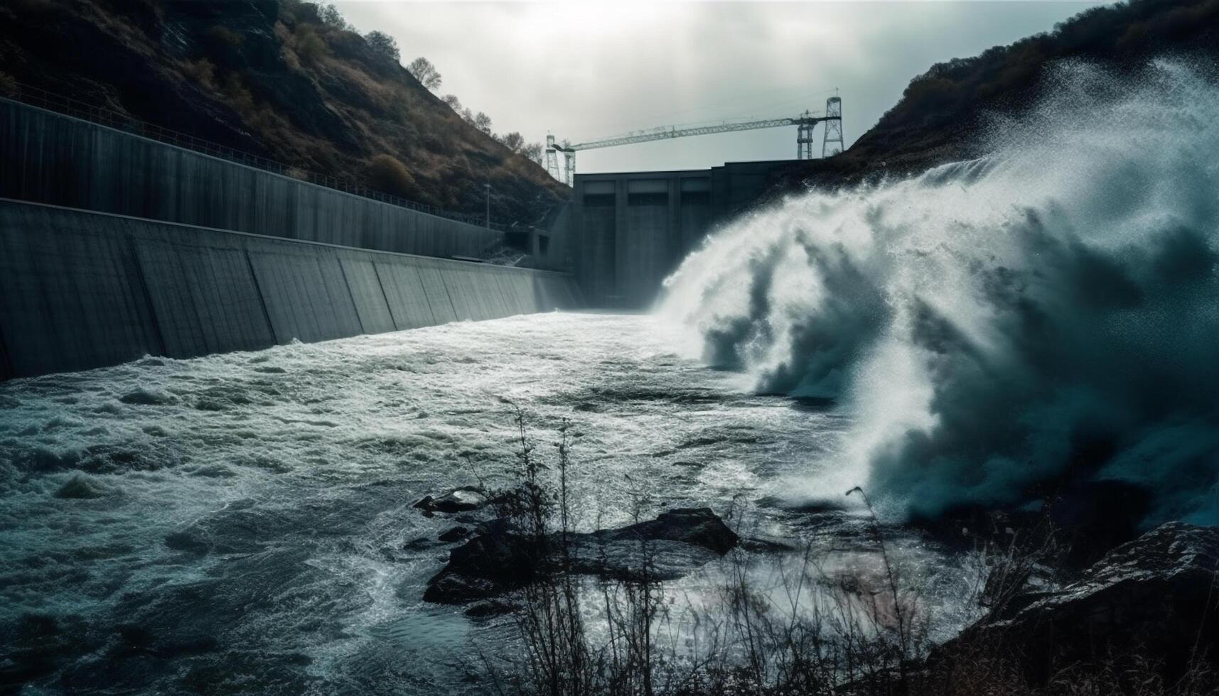 hydro generator befogenheter landskap, bränslen alternativ energi industri genererad förbi ai foto