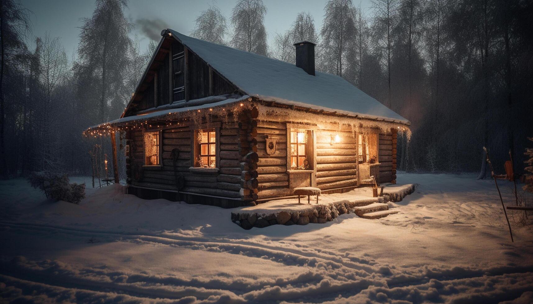 vinter- natt, läskigt hydda, övergiven i snö genererad förbi ai foto