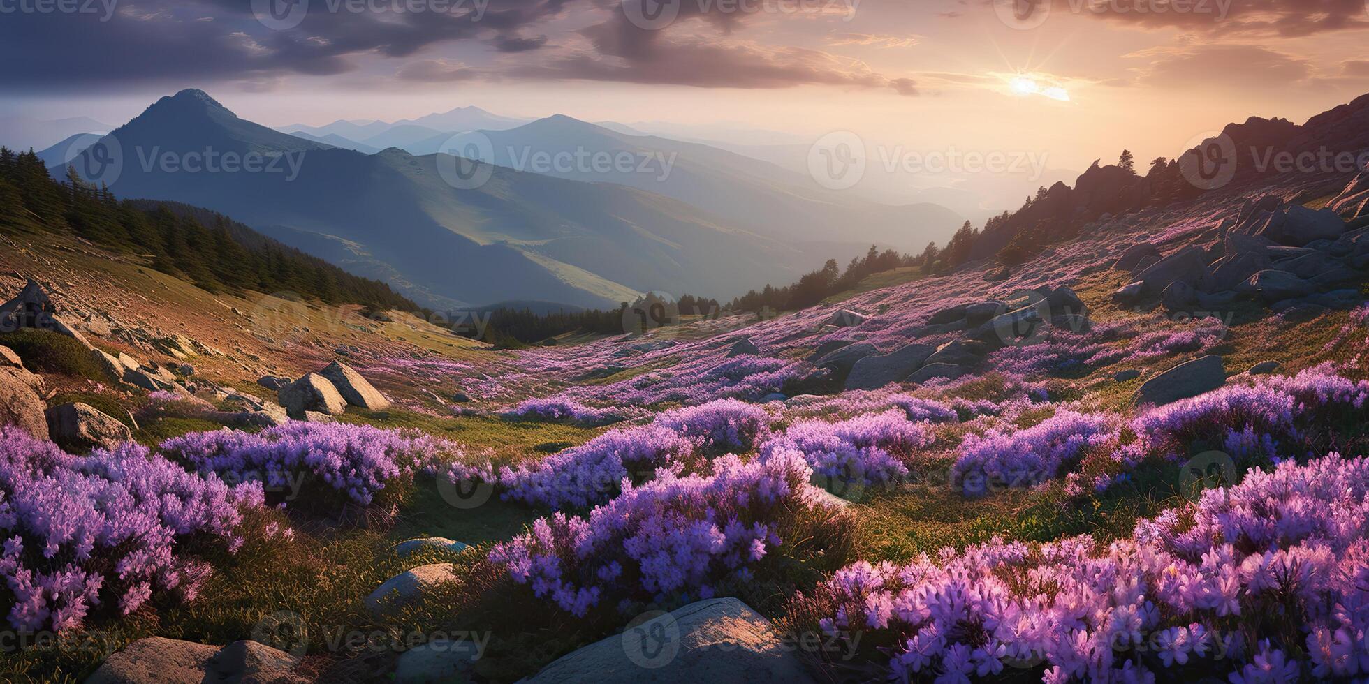 ai genererad. ai generativ. skön rhododendron blommor över solnedgång bergen fält landskap. grafisk konst foto