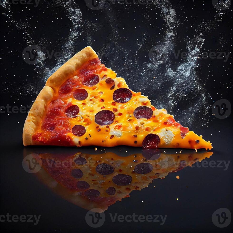 skiva av pepperoni pizza på en svart yta. generativ ai. foto