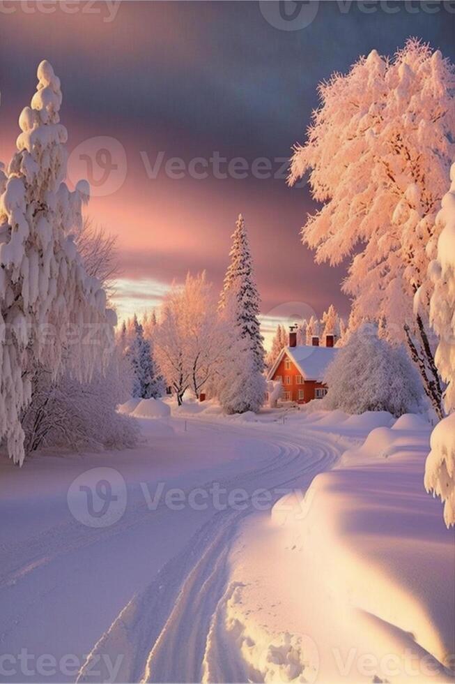 hus i de mitten av en snö täckt skog. generativ ai. foto