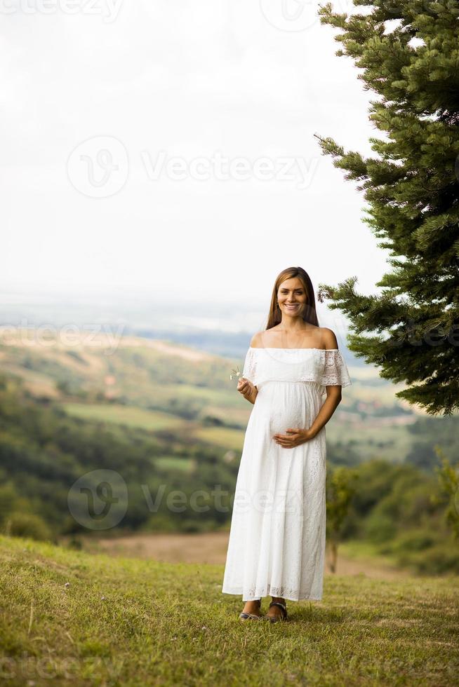 ung gravid kvinna i skogen foto