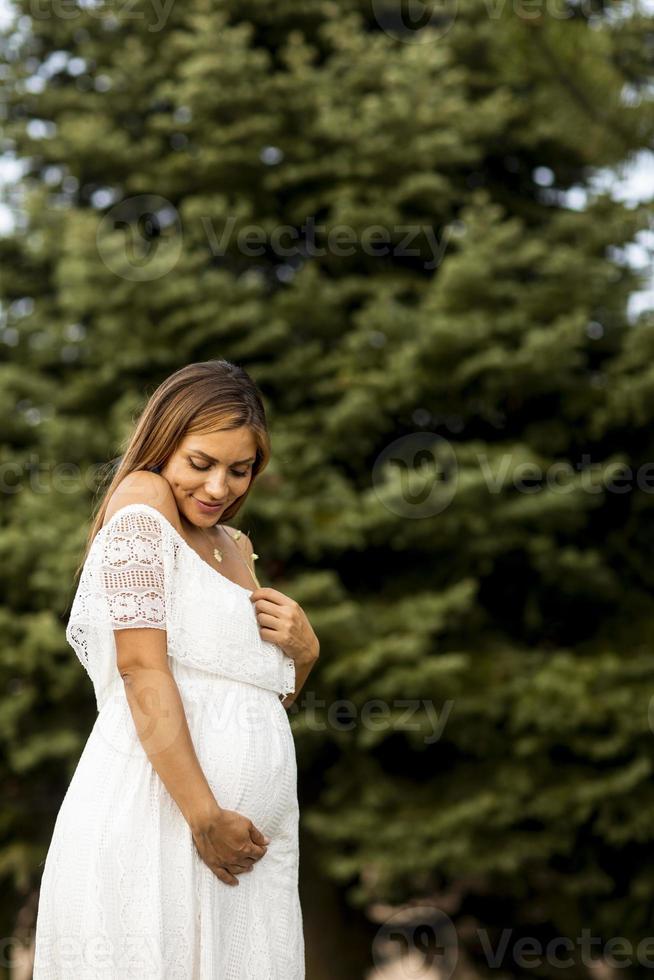 ung gravid kvinna i skogen foto