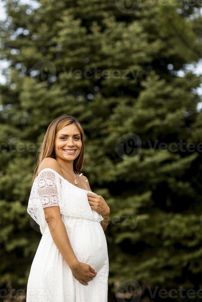 ung gravid kvinna i skogen foto