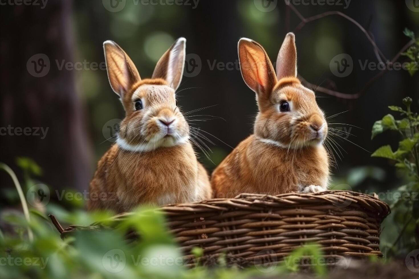 två liten kaniner Sammanträde i de korg ai genererad foto